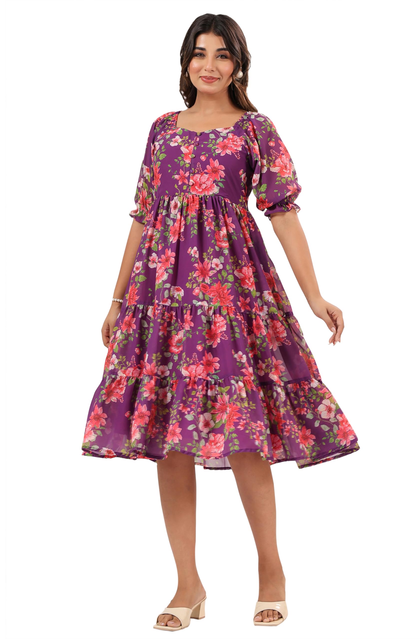 Janasya Women's Purple Georgette Floral Tiered Dress