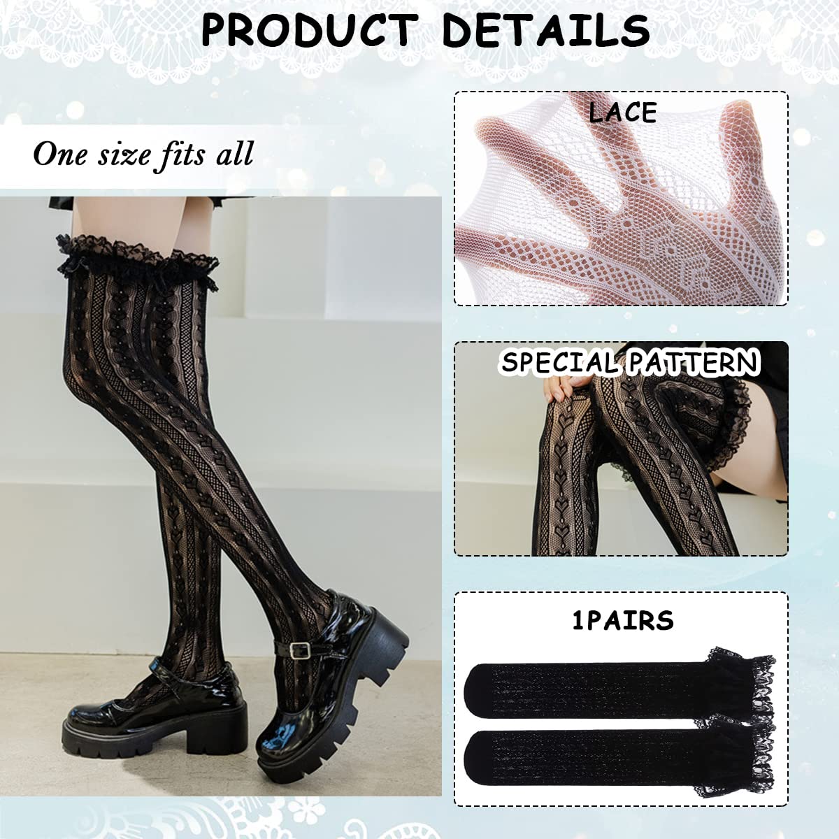 Lolita Lace Knee High Socks for Women - Black - Image 3