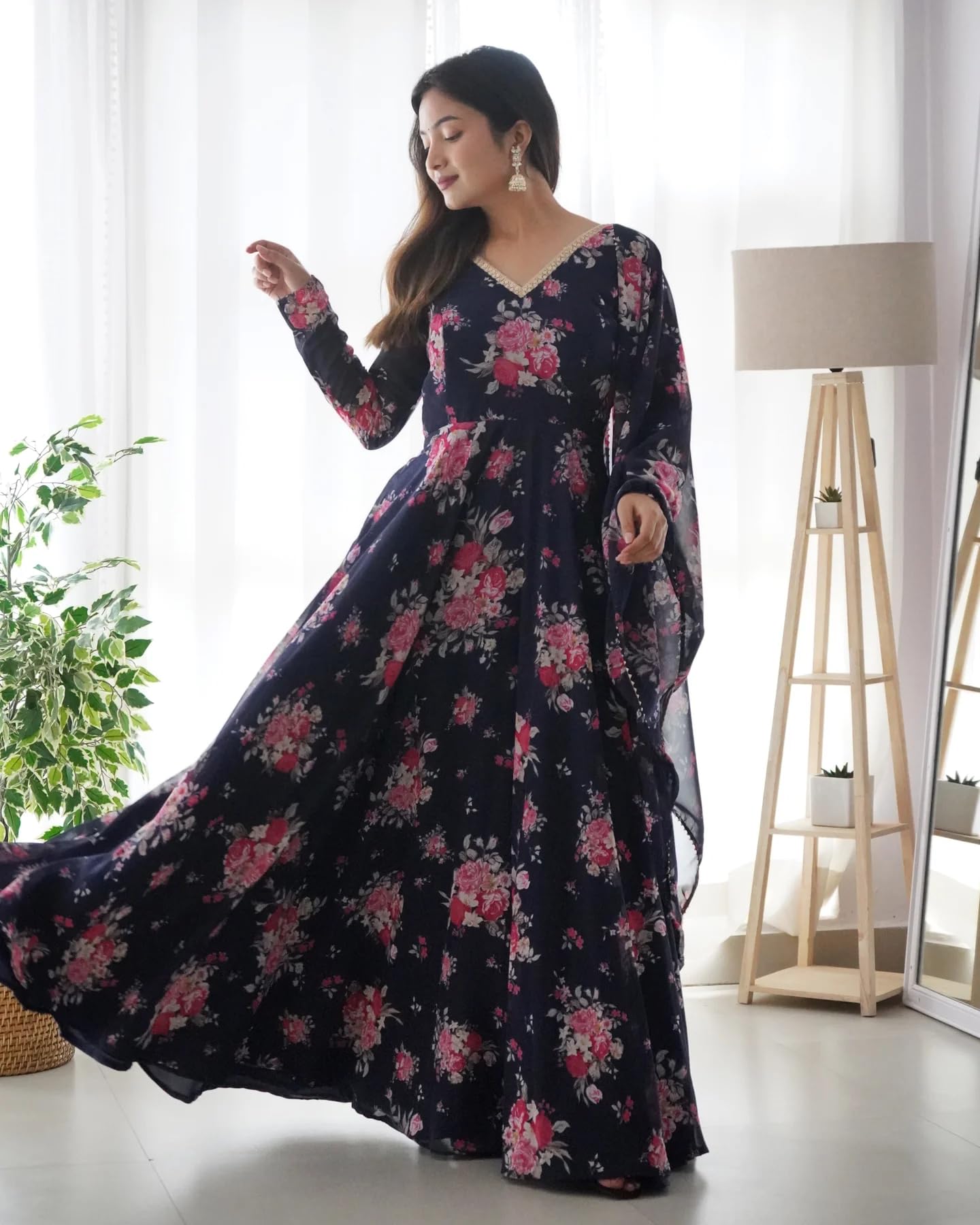GarbGlide Women Floral Anarkali Kurta - Navy - Image 4