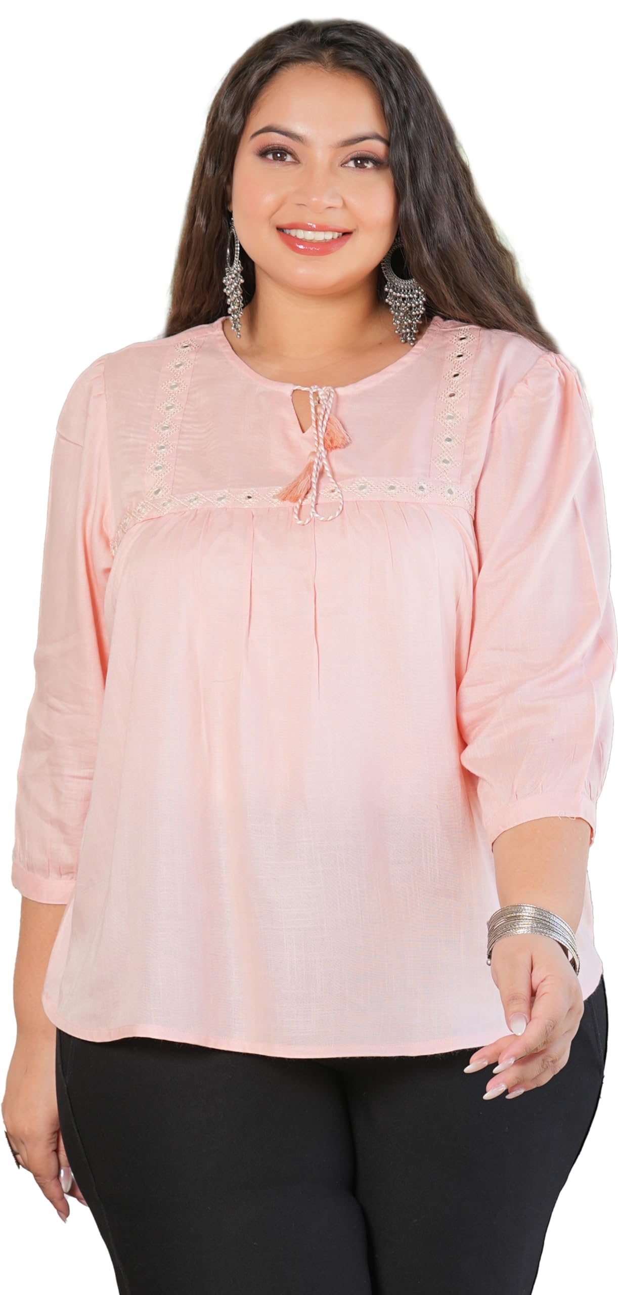 Yash Gallery Peach Rayon Embroidered Top for Women