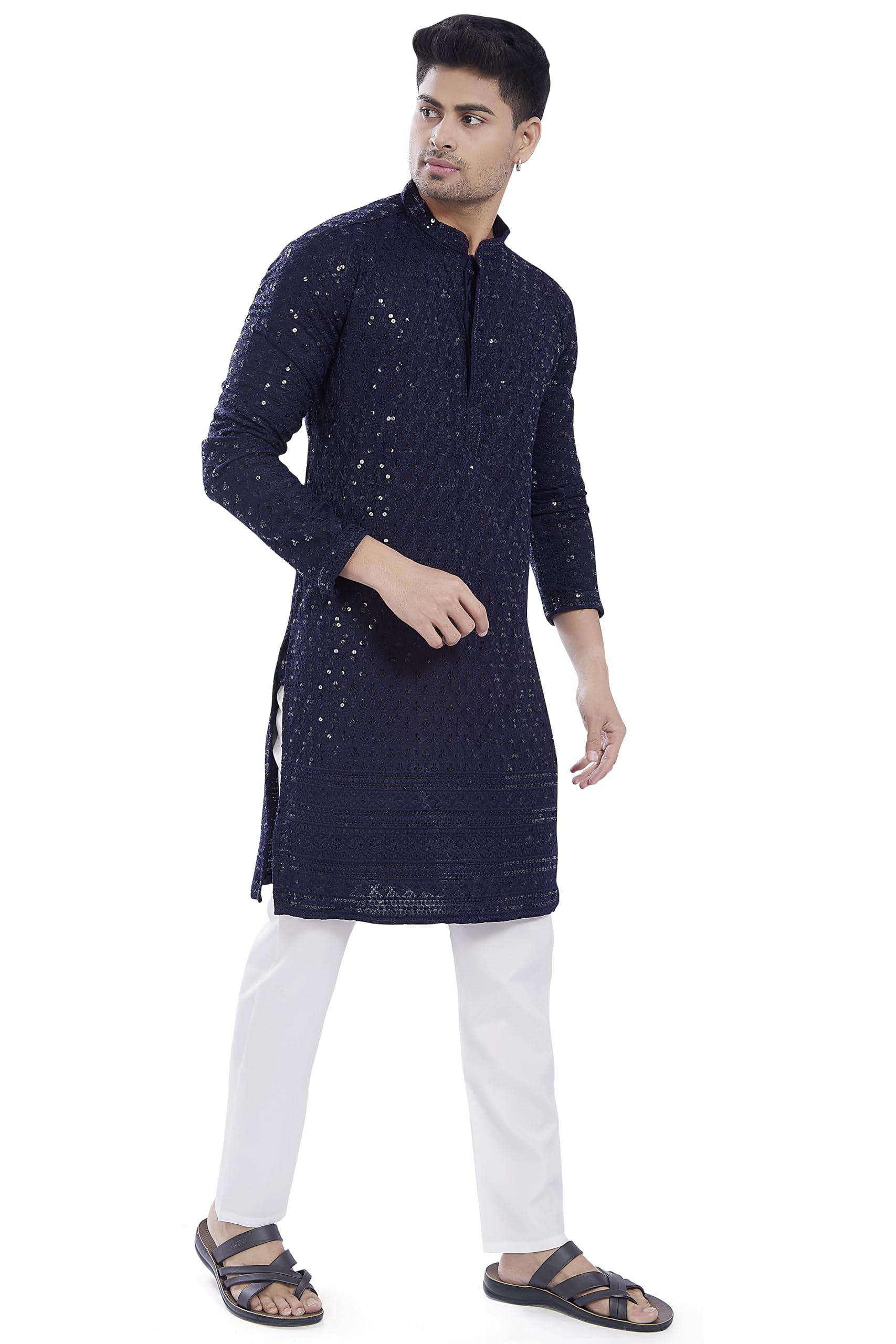 DIVISIVE Men's Sequince Embroidered Kurta - Navy - Image 3