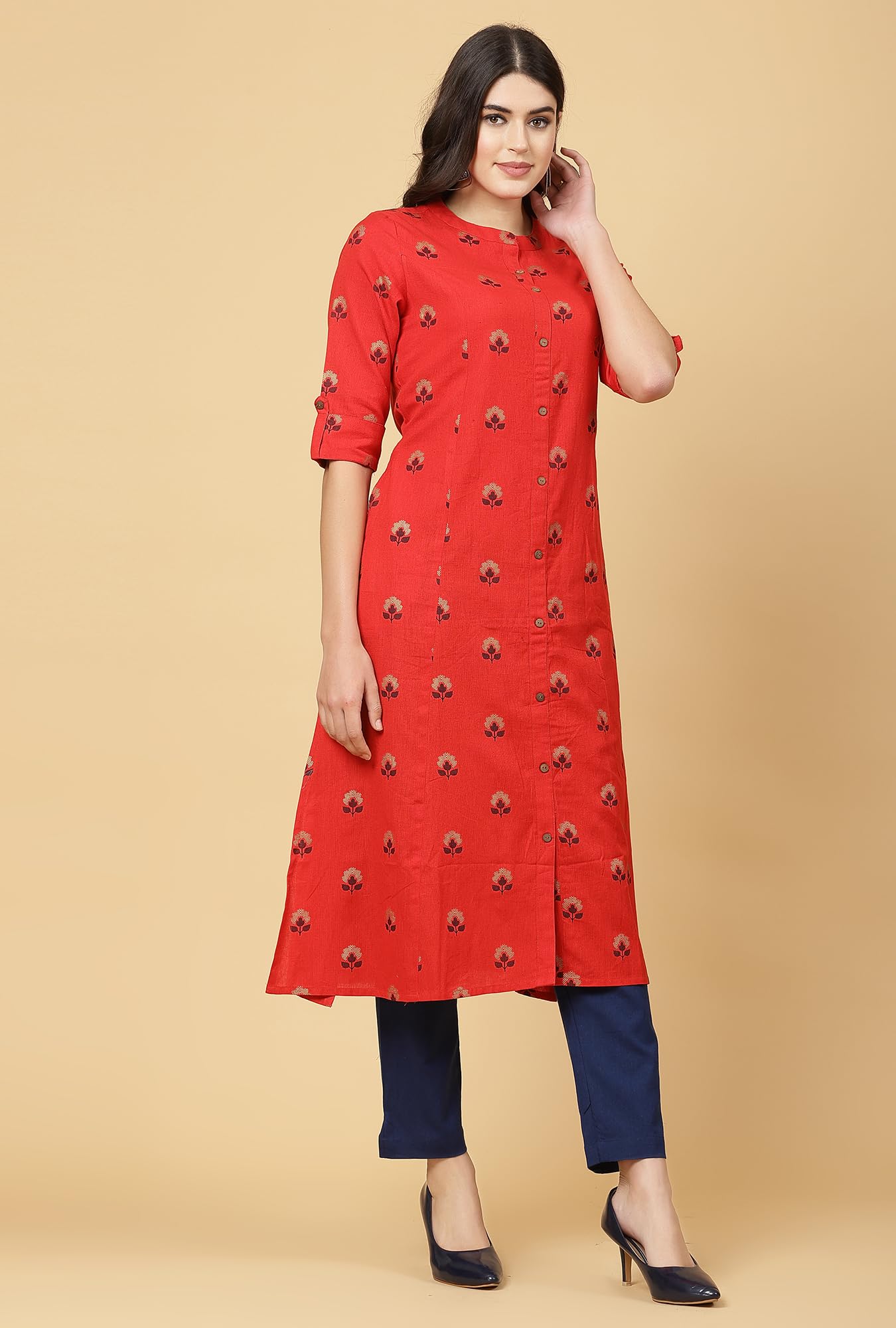 Pistaa Red Cotton A-Line Kurta for Women - Image 3