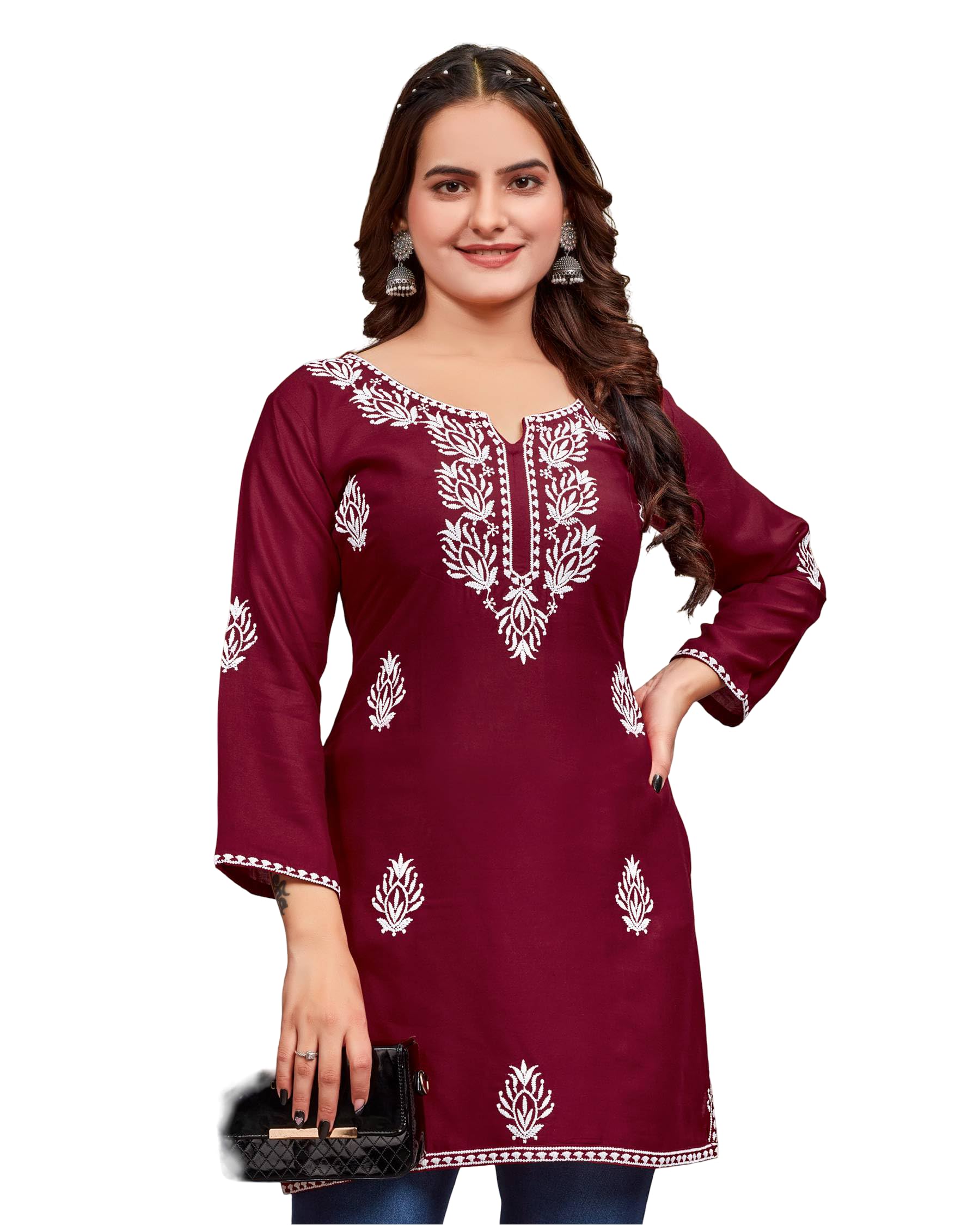Dharm House Women's Rayon Chikankari Kurti - Maroon