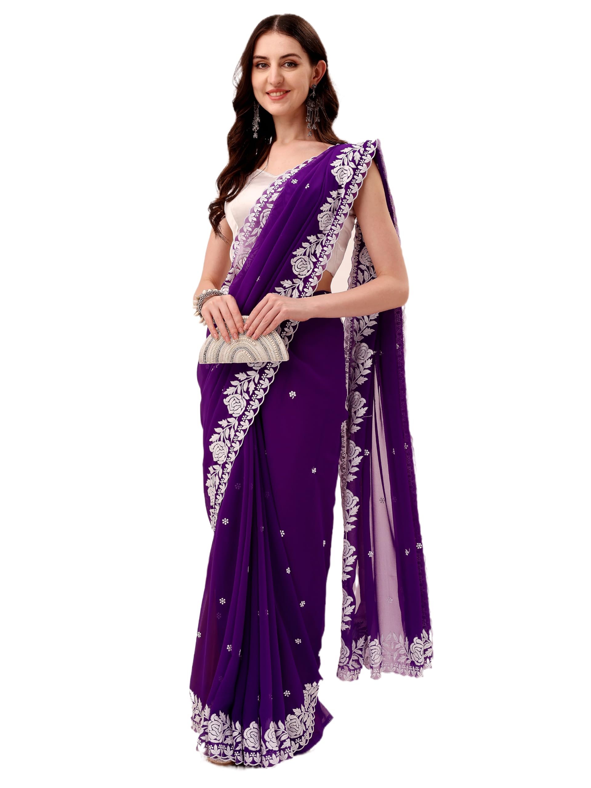 HESVI Women's Georgette Embroidery Saree - Purple