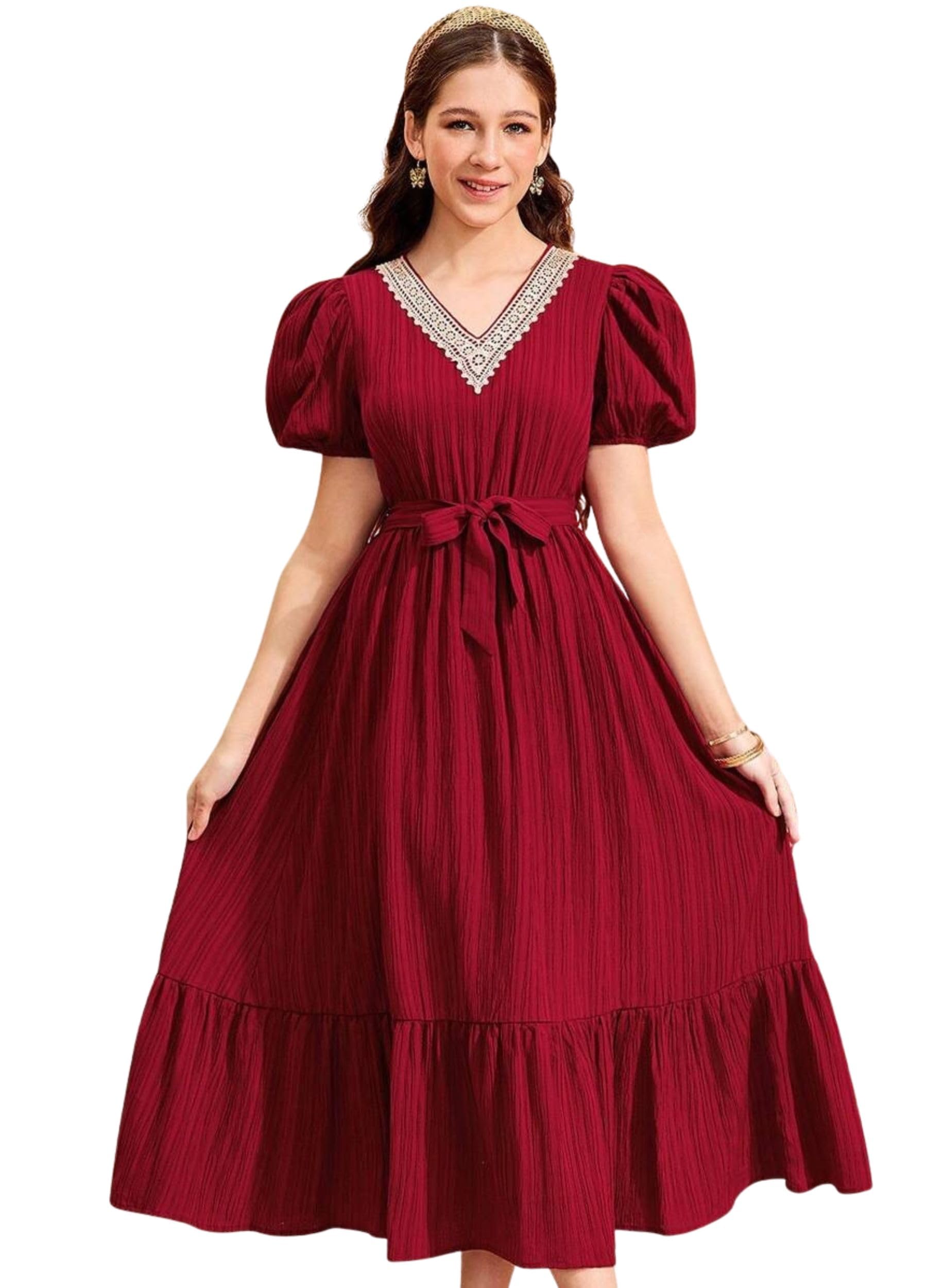 MENSBIT Girl's Puff Sleeve Gown - Maroon