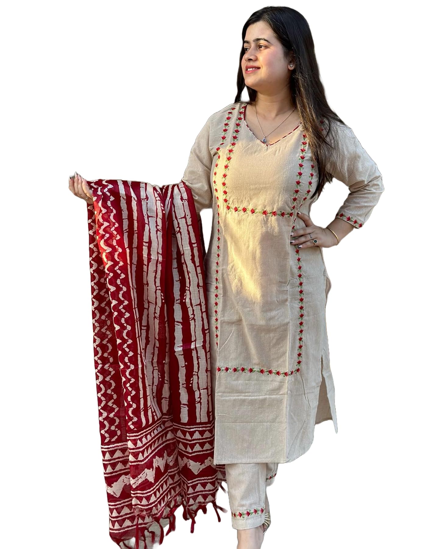 GoSriKi Women's Embroidered Kurta with Pant & Dupatta - Beige
