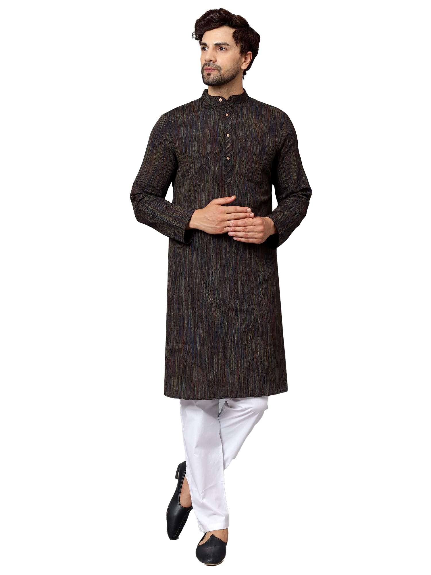 GarbGlide Men Cotton Long Kurta - Black
