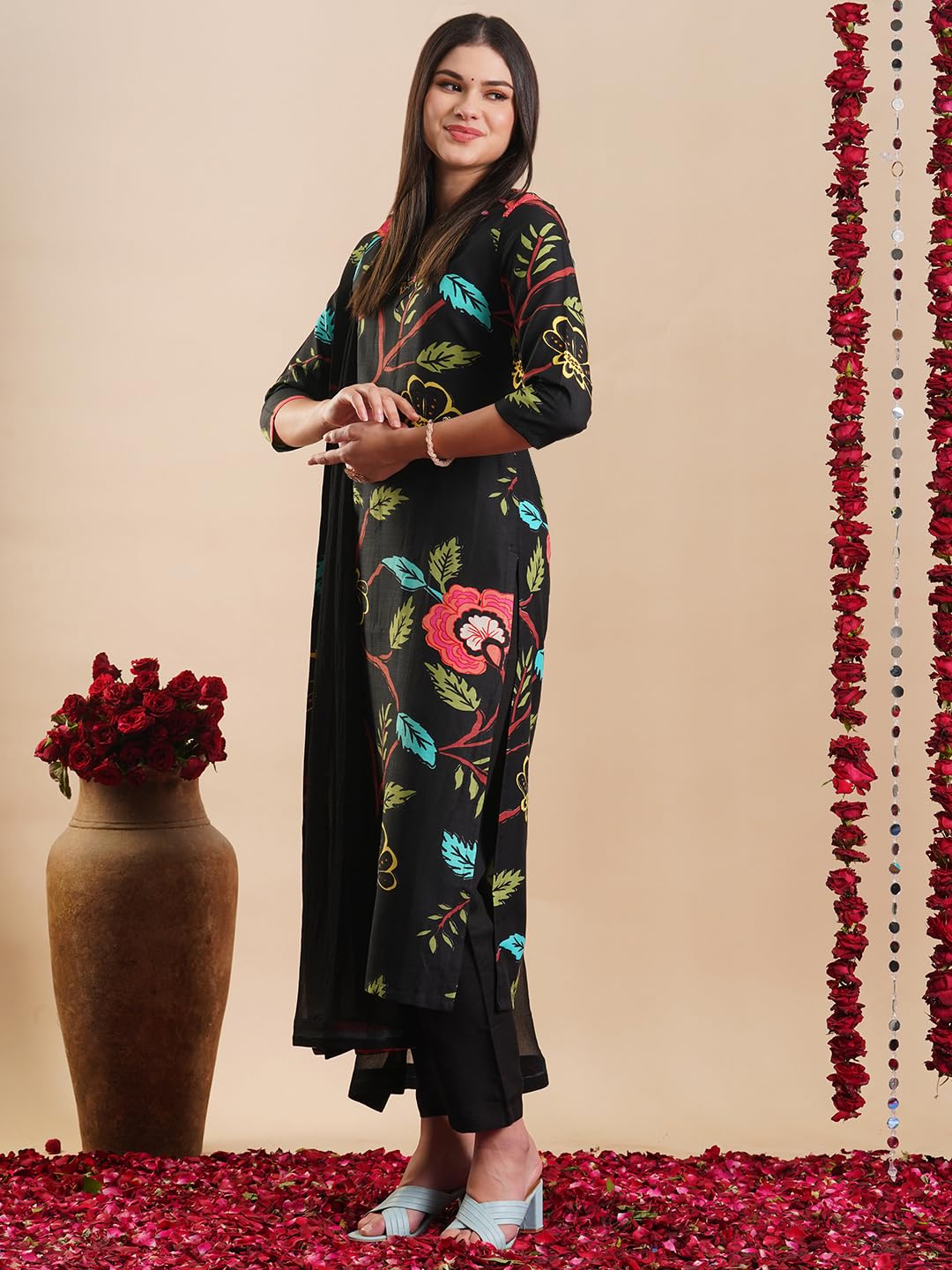 GoSriKi Women's Rayon Blend Kurta with Pant & Dupatta - Black - Image 3
