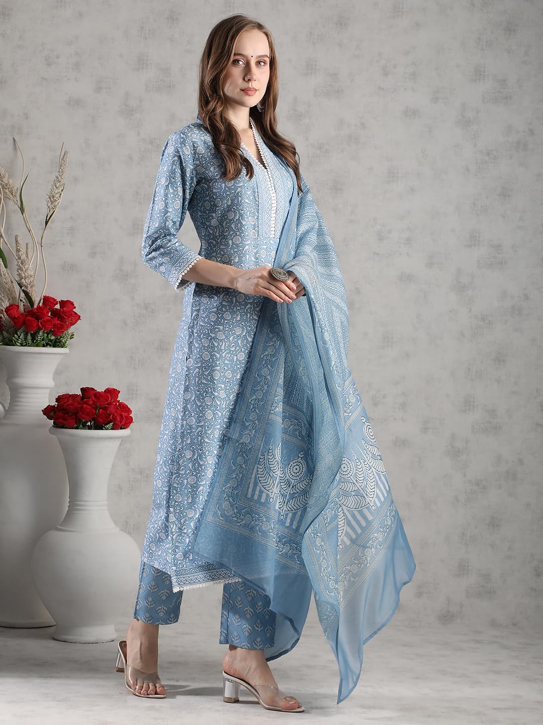 GoSriKi Women's Rayon Blend Kurta with Pant & Dupatta - Blue - Image 4