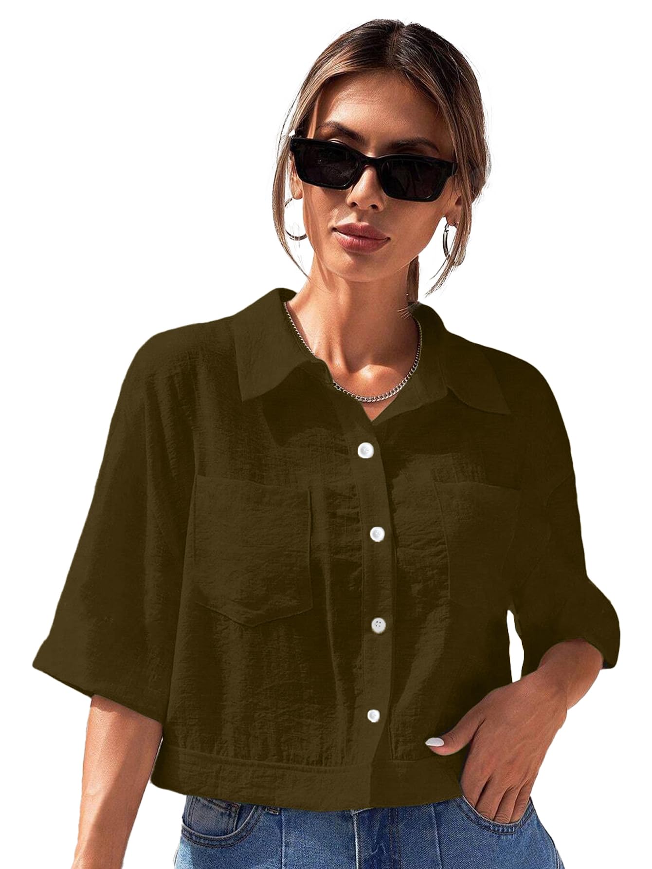 TOPLOT V-Collar Crop Shirt for Women - Brown