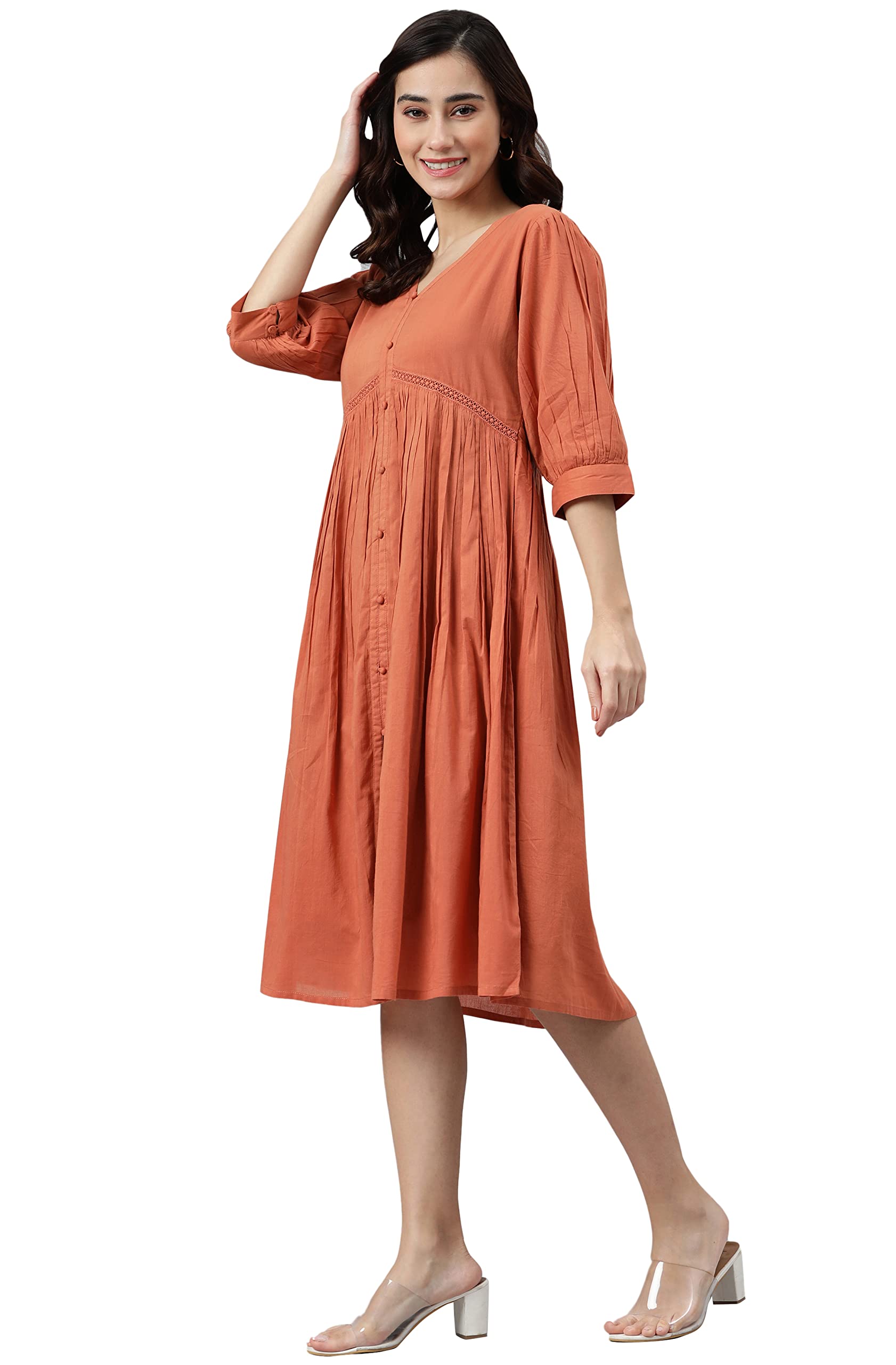 Janasya Women's Coral Orange Cotton Flared Dress - Image 3
