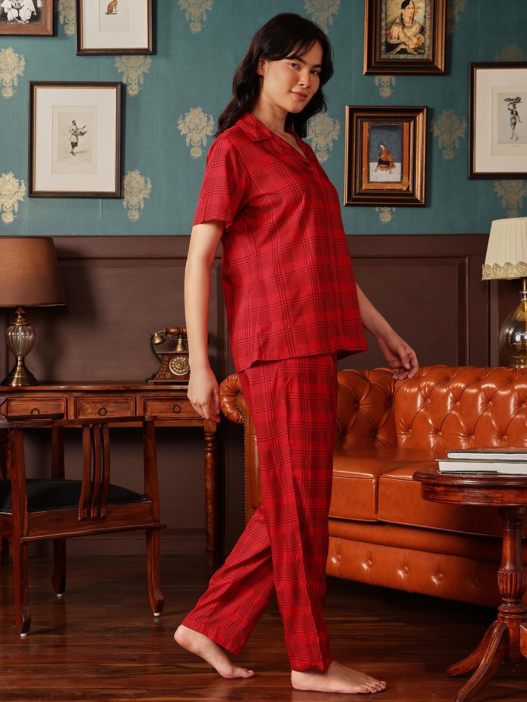 Clovia Red Cotton Checked Shirt Pyjama Set for Women - Image 5