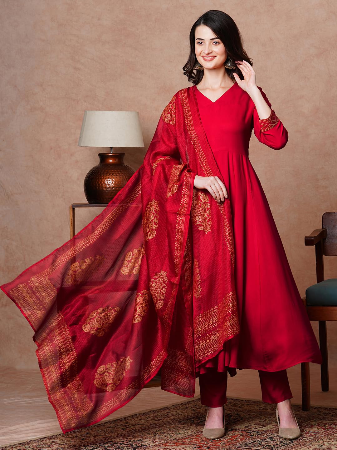 GoSriKi Red Rayon Anarkali Kurta Set for Women - Image 3