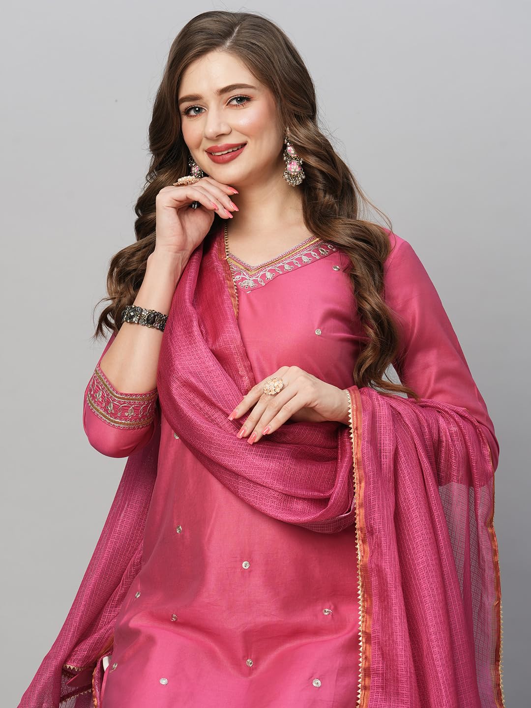 GoSriKi Women's Floral Kurta with Pant & Dupatta - Pink - Image 5