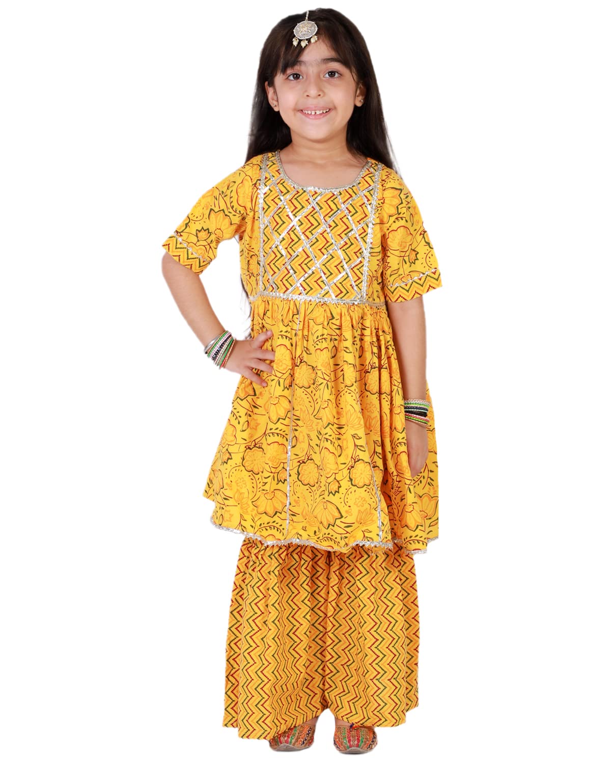Sanganeri Printed Kurta Sharara Set for Baby Girls - Yellow - Image 2