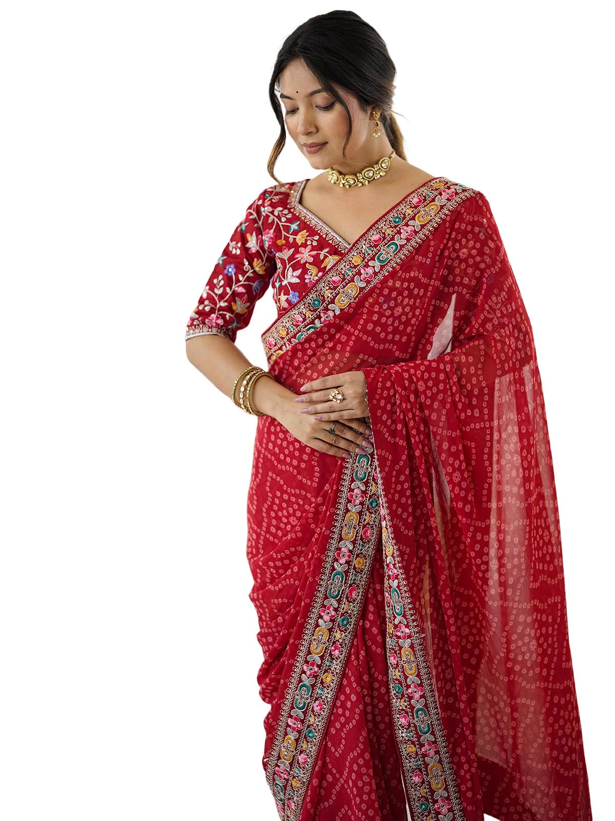 Red Georgette Bandhani Saree with Embroidered Blouse