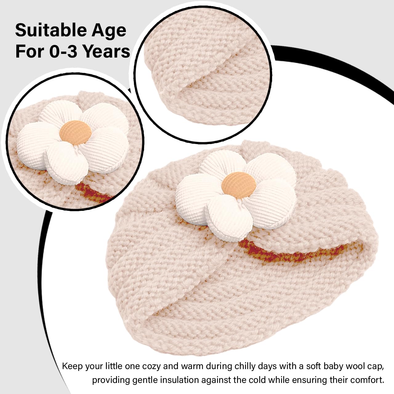 Baby Wool Cap with Flower - Unisex Off-White - Image 4