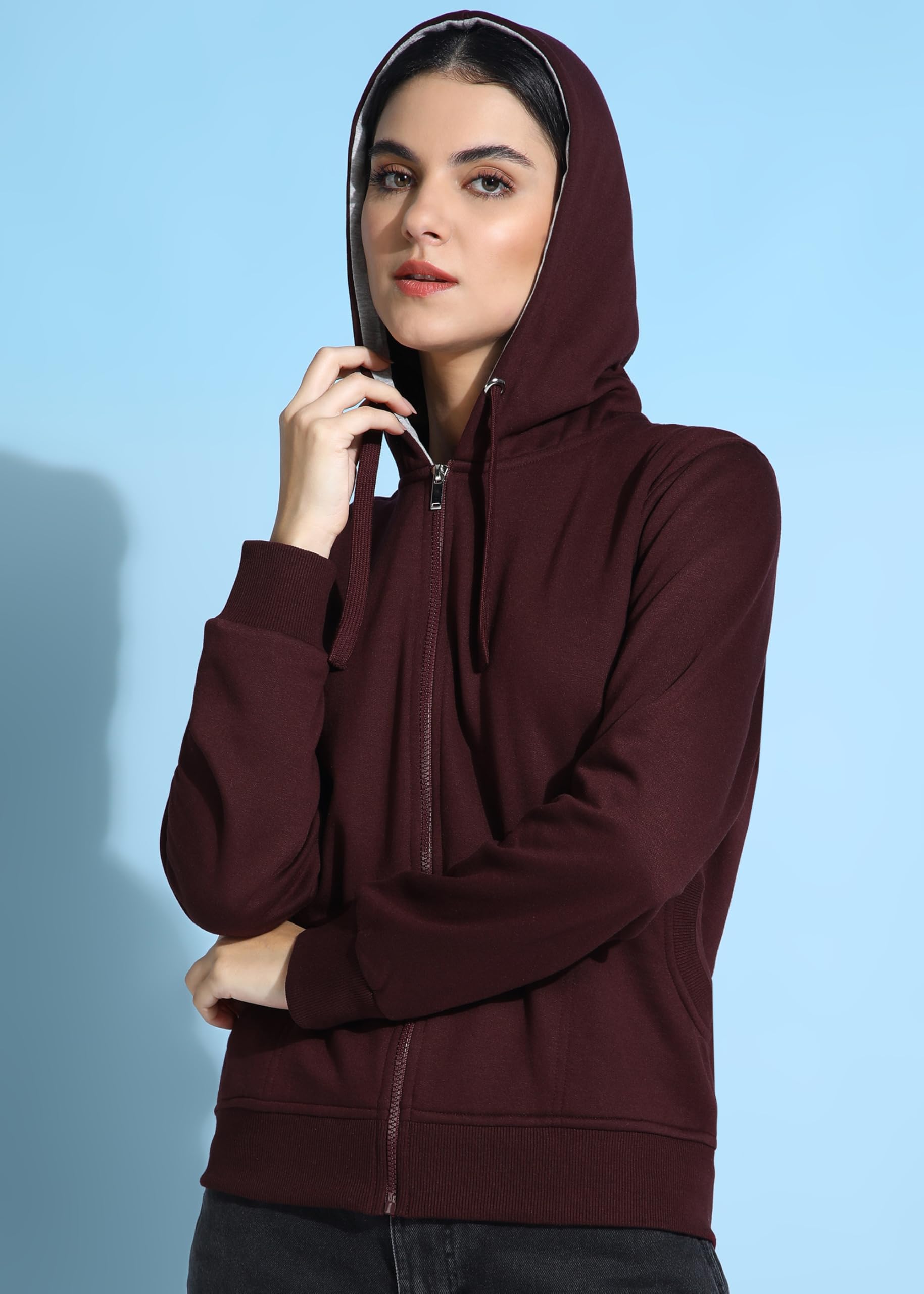 Alan Jones Women's Solid Zipper Hooded Sweatshirt - Wine - Image 5