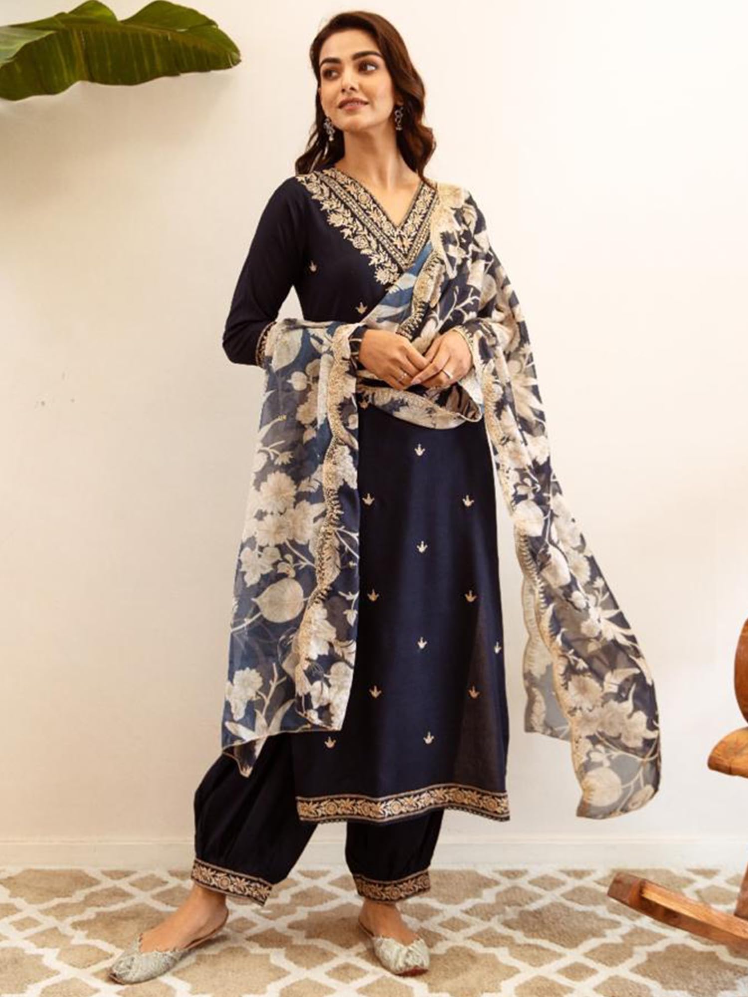 INDO ERA Navy Blue Embroidered Kurta Pant Dupatta Set for Women - Image 4