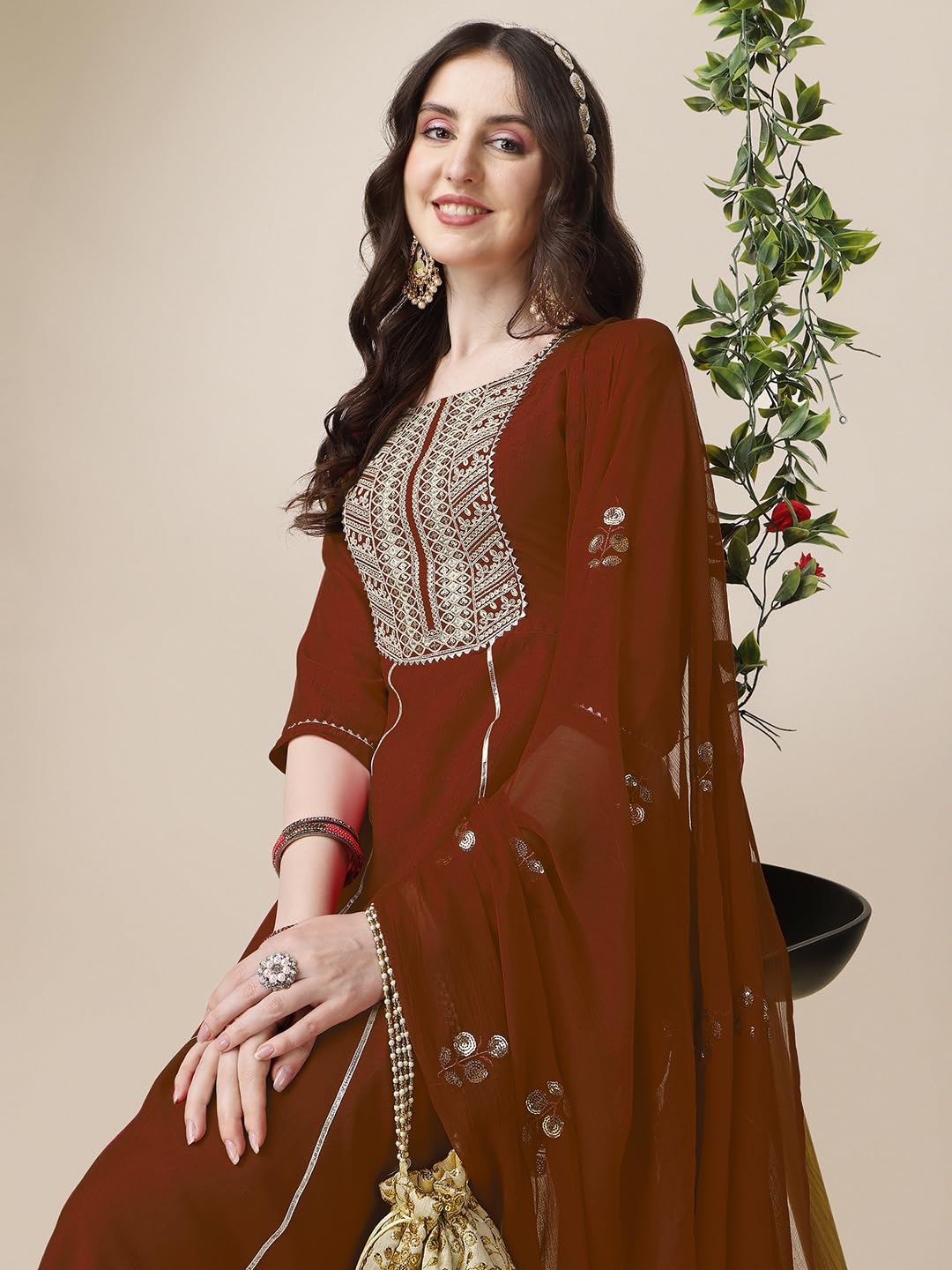 EthnicJunction Women's Embroidered Kurta Palazzo Set - Rust - Image 2