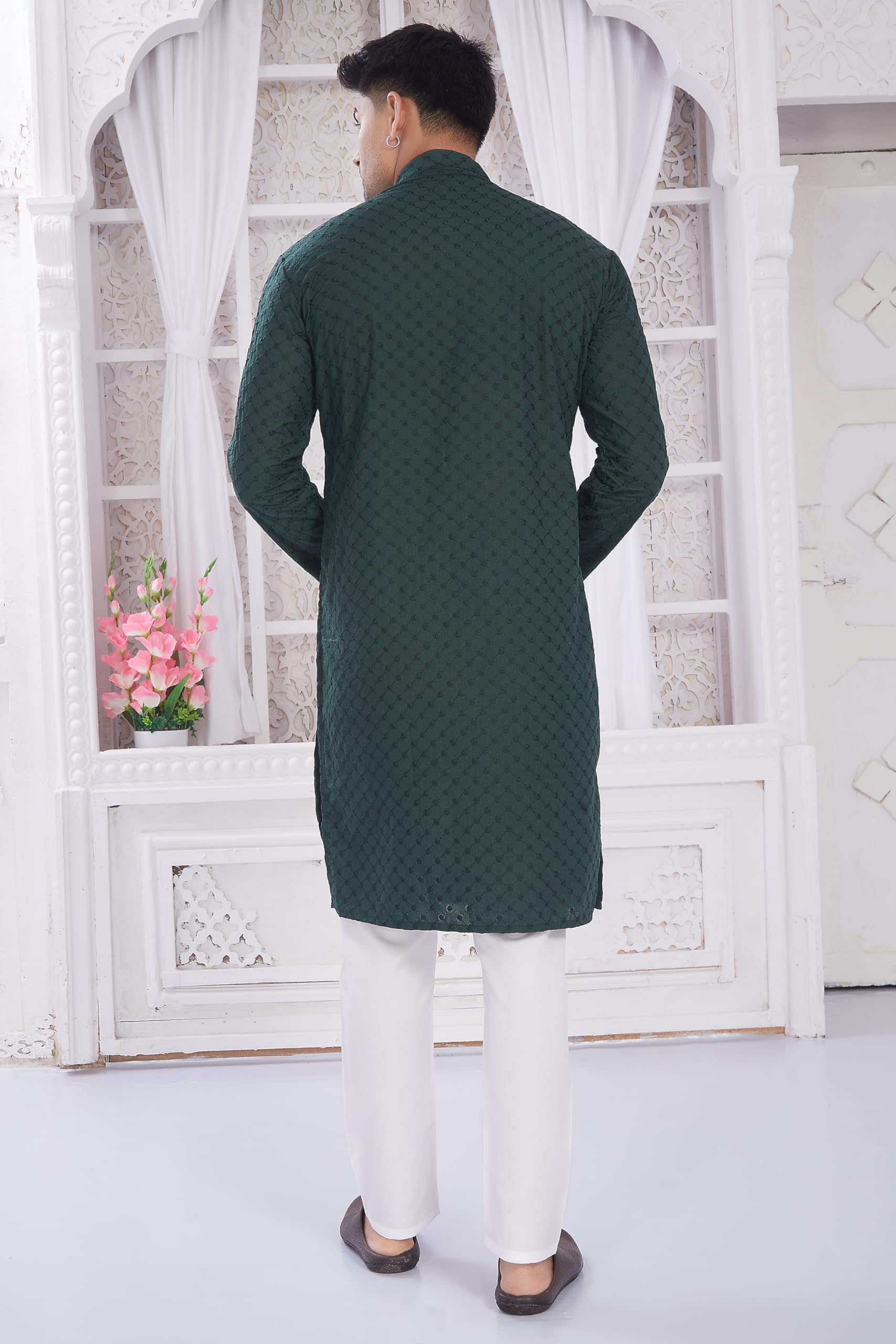DIVISIVE Men's Dark Green Embroidered Cotton Kurta - Image 4
