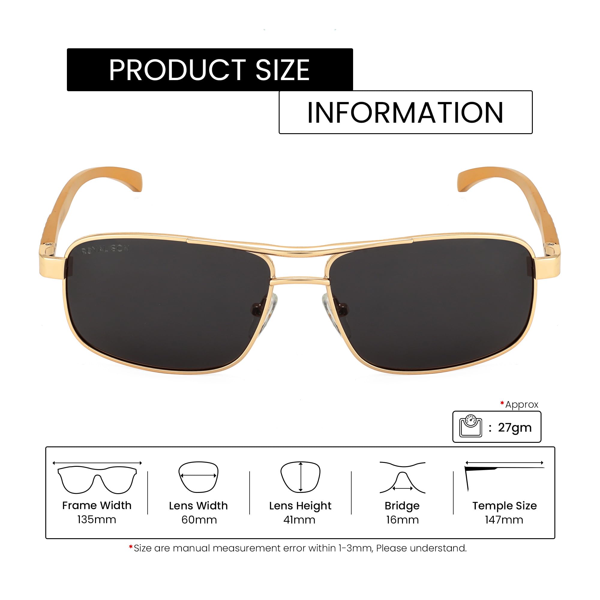 ROYAL SON Men Retro Rectangle Polarized Sunglasses - Golden Frame Black Lens - Image 3