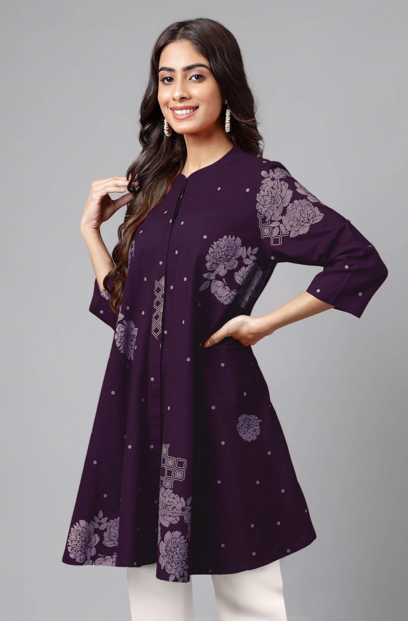 Janasya Women's Purple Cotton Floral Tunic - Image 4