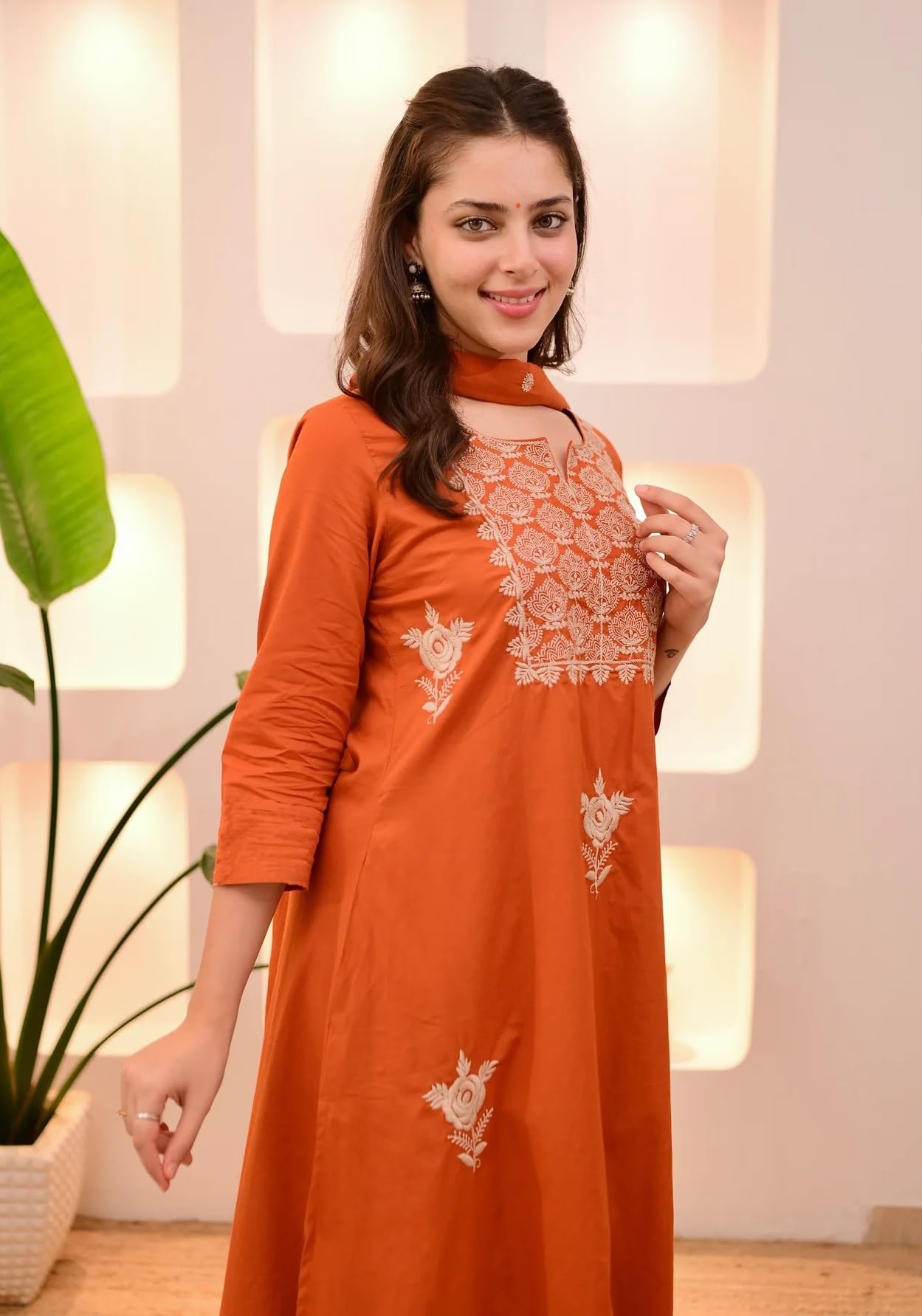 Nermosa Women Kurta and Pant Set with Dupatta - Orange - Image 4