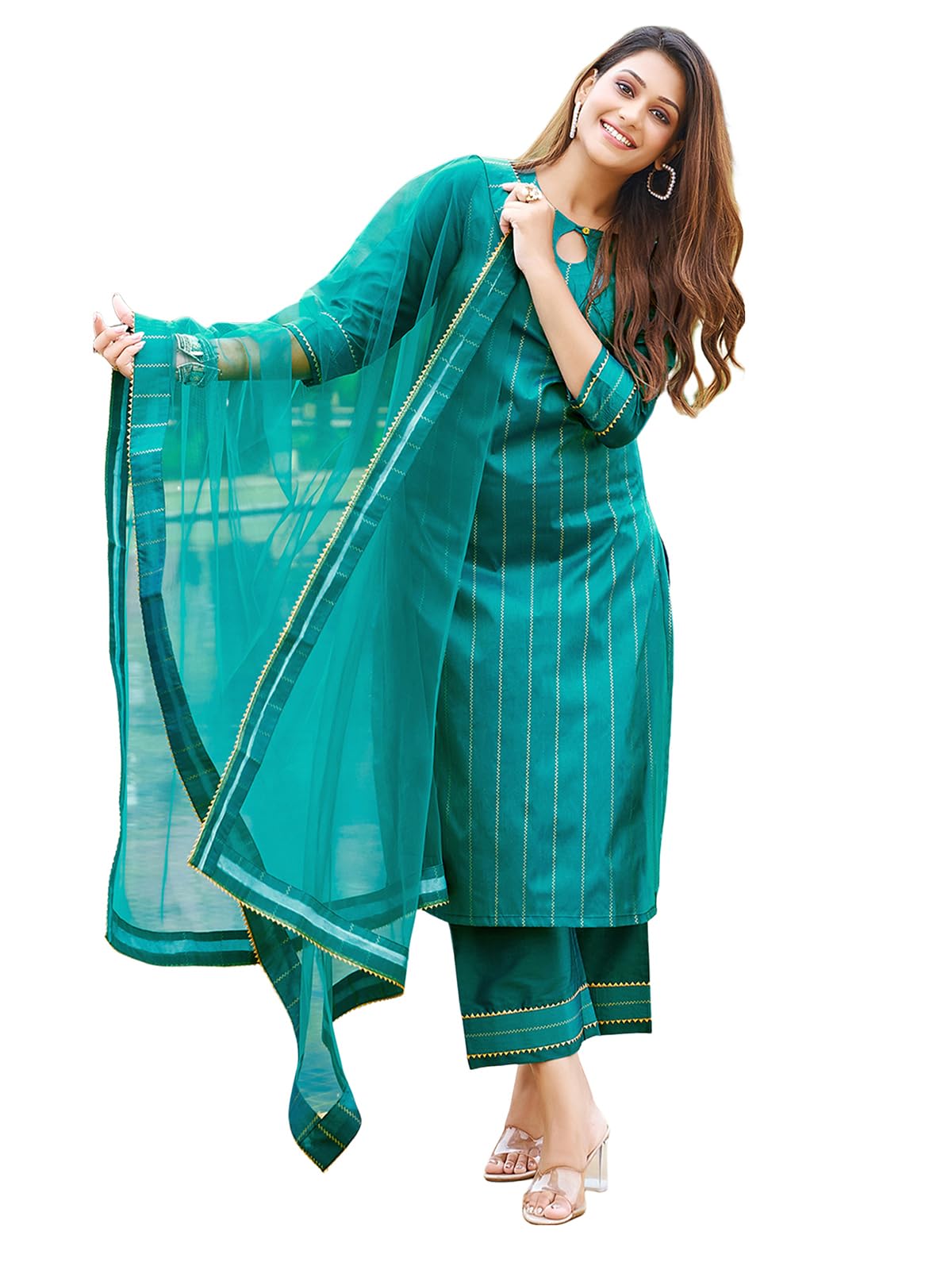 SIRIL Women's Taffeta Printed Kurta Pant Set - Rama Green