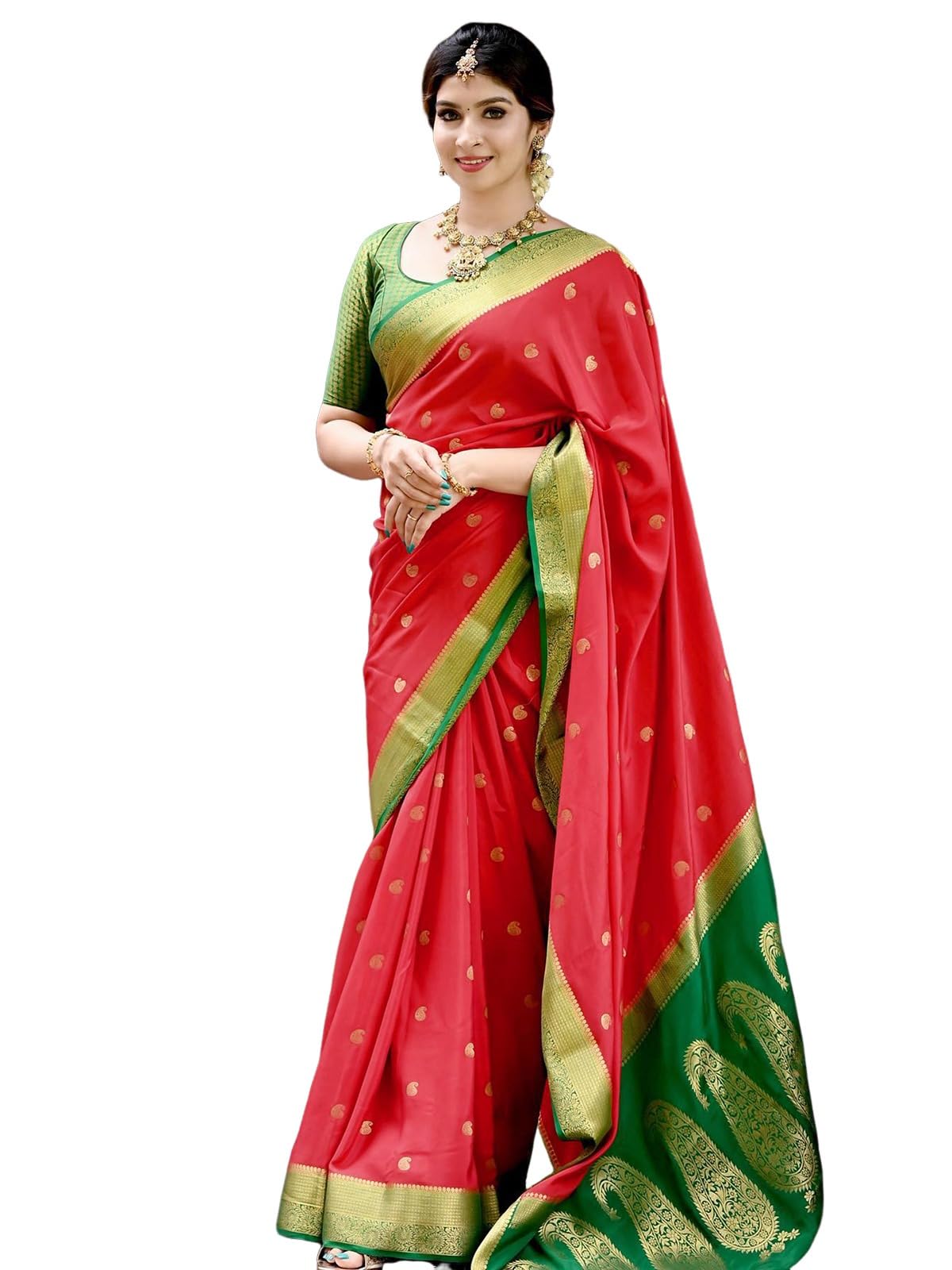 Satrani Women Kanjivaram Saree - Red & Green