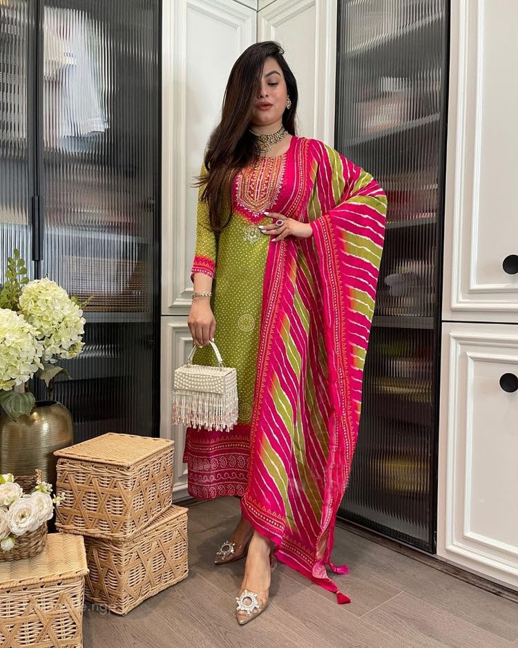 GoSriKi Women's Bandhej Printed Kurta with Pant & Dupatta - Green - Image 4