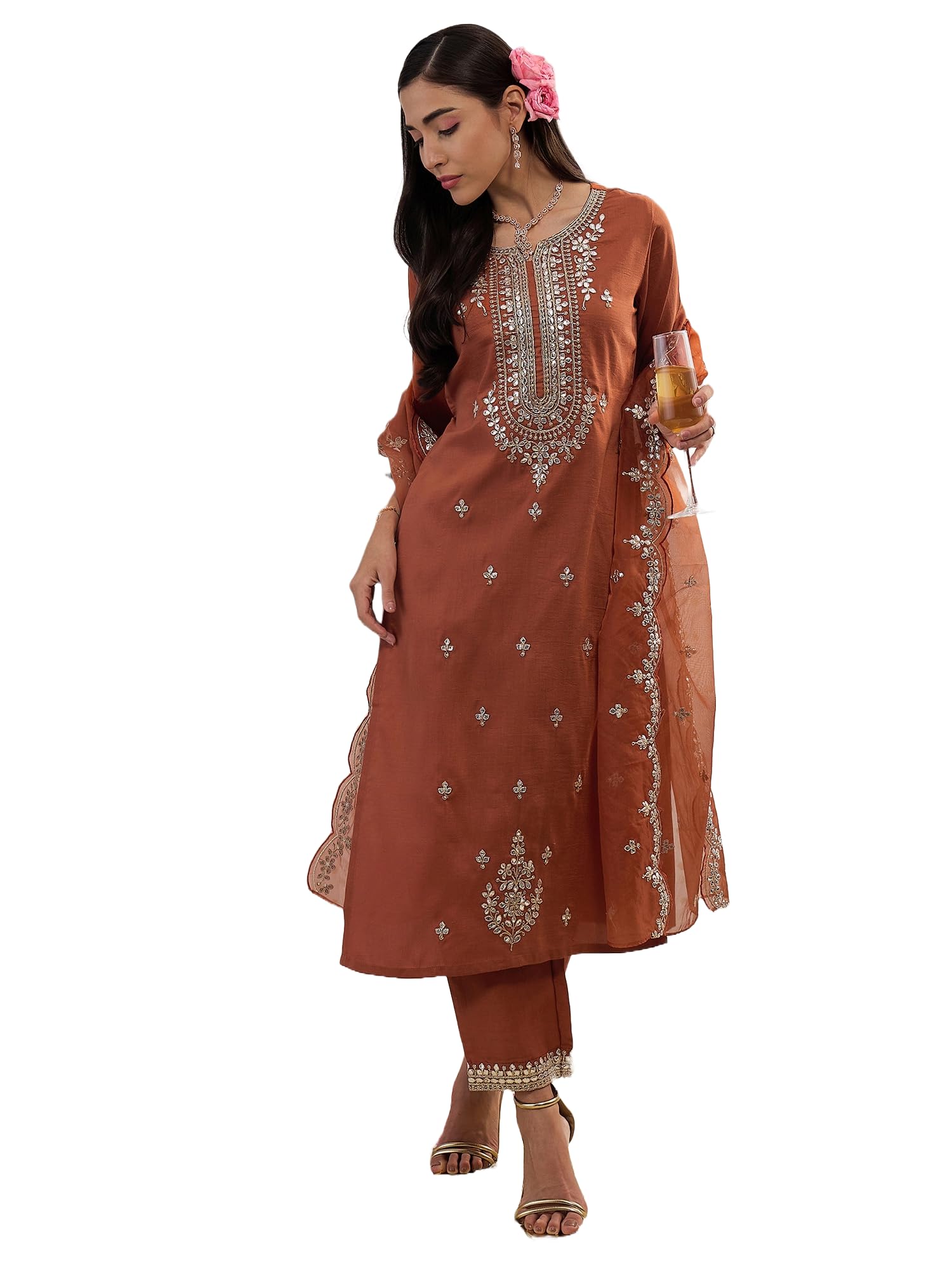 INDO ERA Women's Embroidered Silk Blend Kurta Suit Set