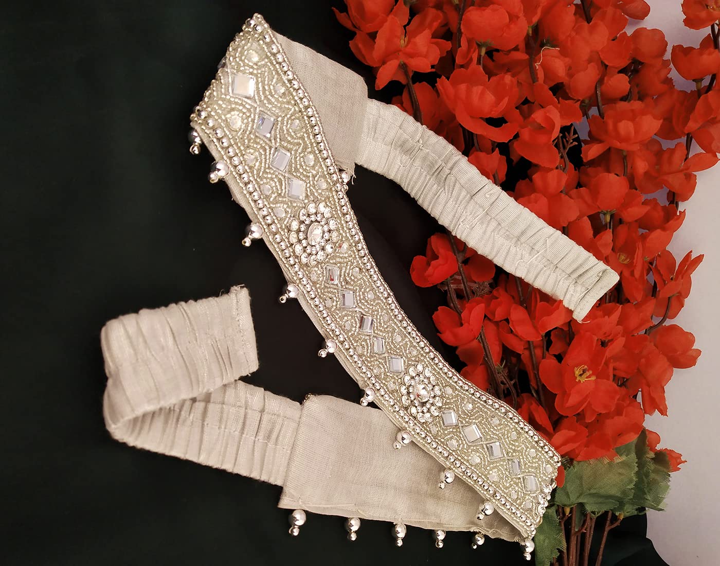 VAMA Women's Embroidery Work Cloth Vaddanam Belt - Silver White - Image 5