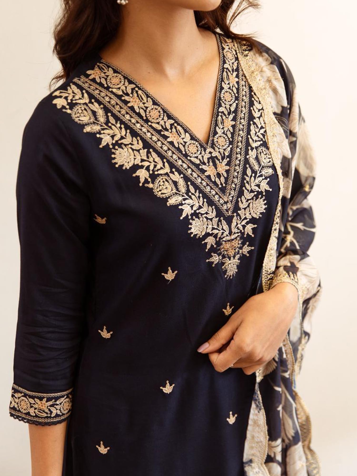 INDO ERA Navy Blue Embroidered Kurta Pant Dupatta Set for Women - Image 2
