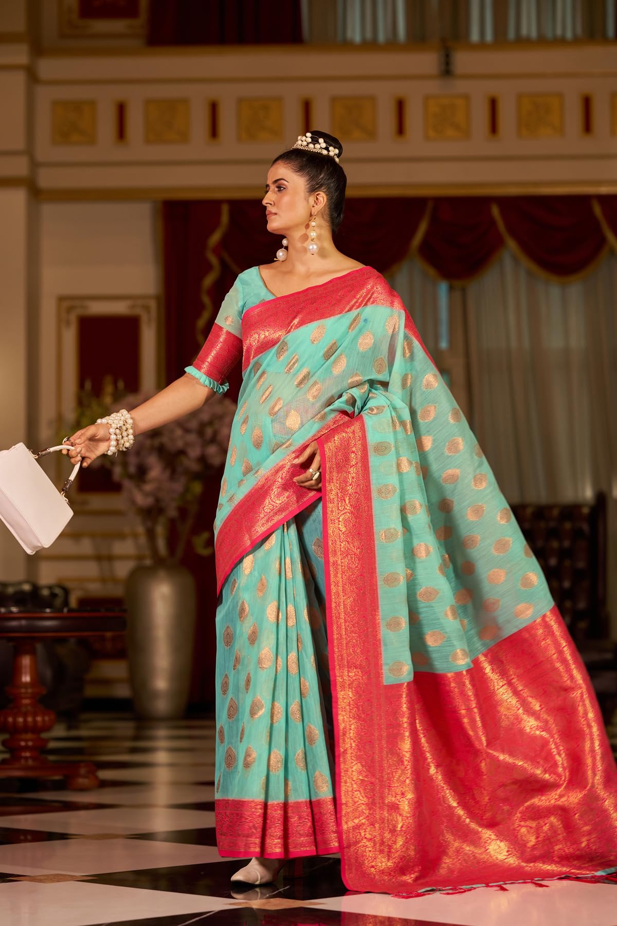 SWORNOF Kanjivaram Banarasi Silk Saree for Women - Sky Blue - Image 3