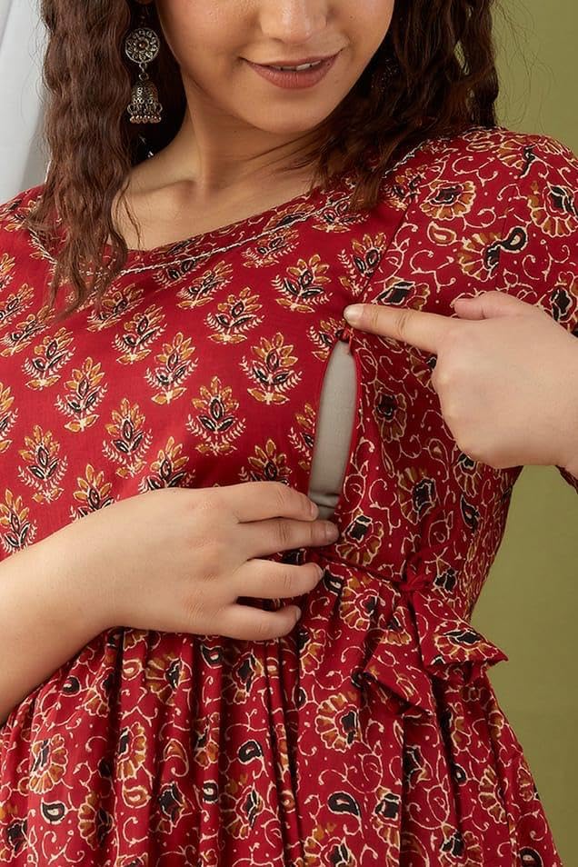 GarbGlide Women's Maternity Anarkali Kurti - Red - Image 5