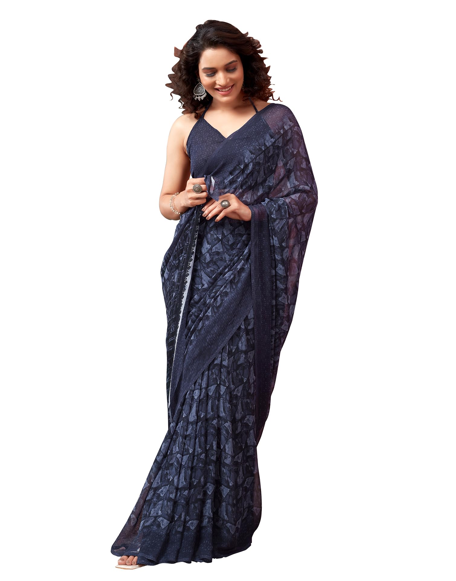 SIRIL Women's Georgette Geometric Printed Saree - Dark Blue