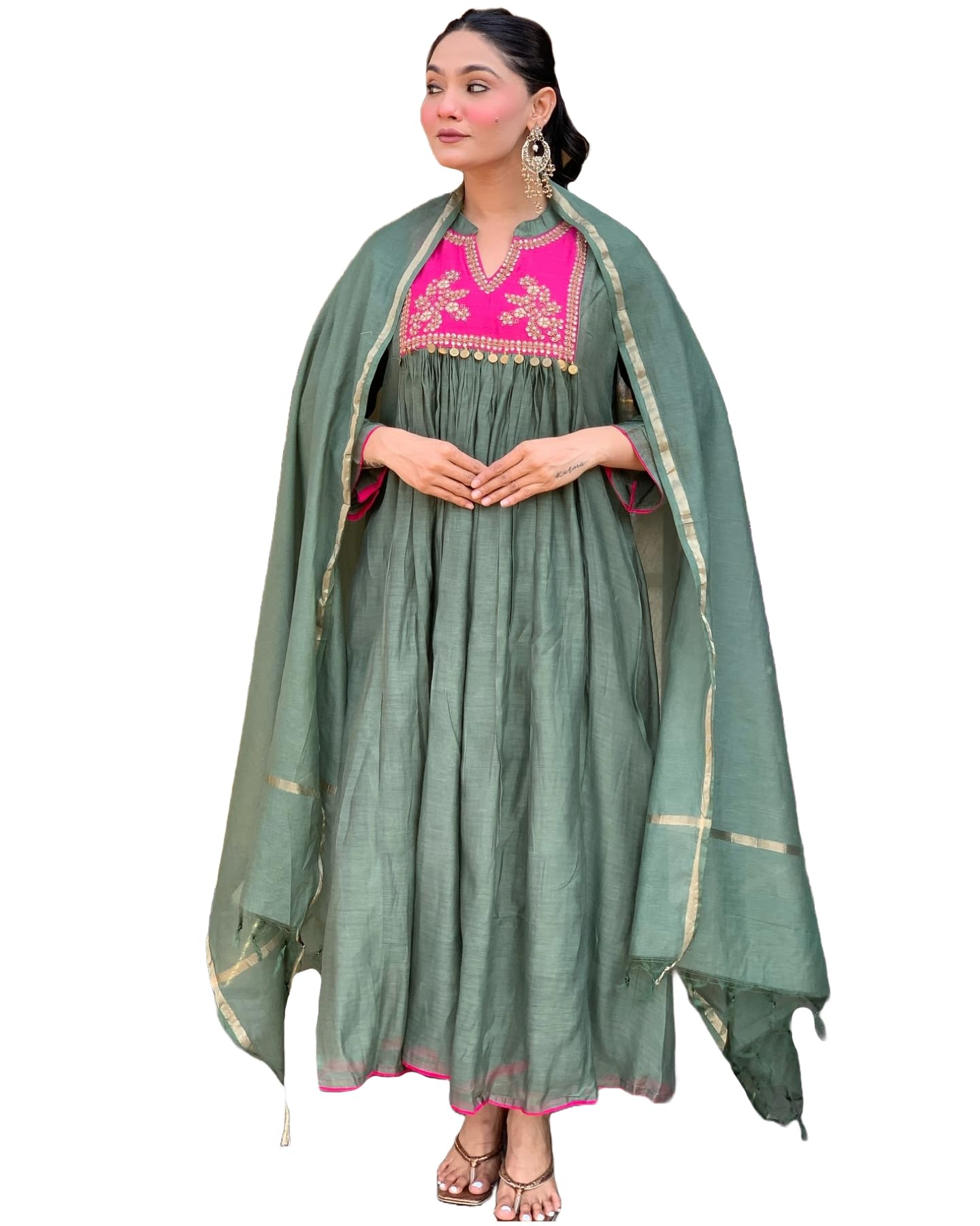 GoSriKi Pista Anarkali Kurta Set for Women