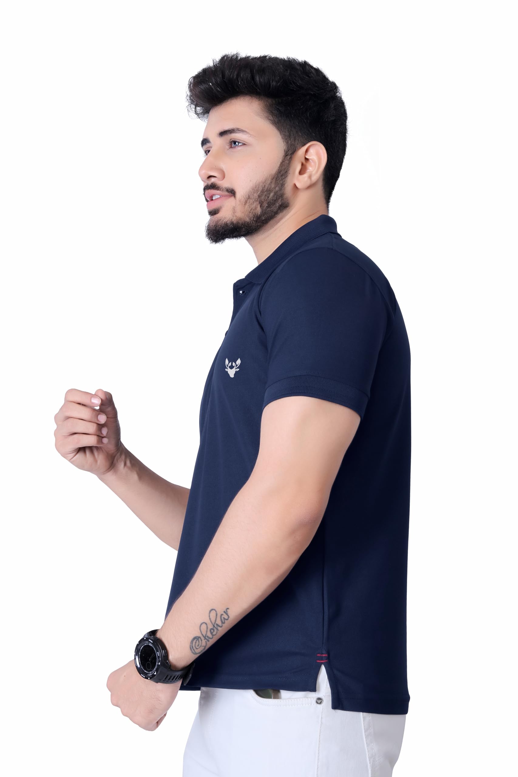 DEE LEAF Men Navy Blue Polo Neck T-Shirt - Image 2