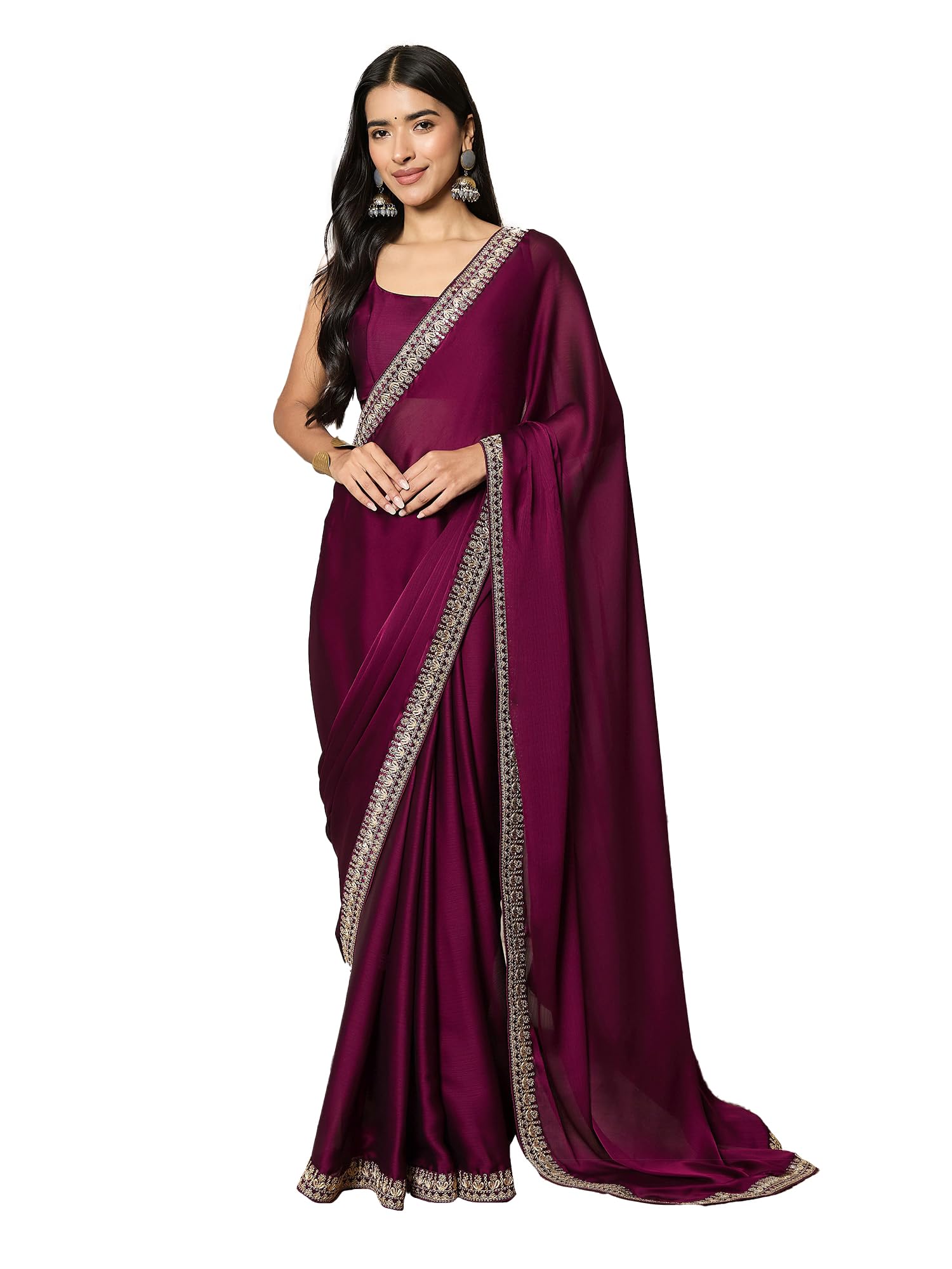 AKHILAM Women's Magenta Satin Saree