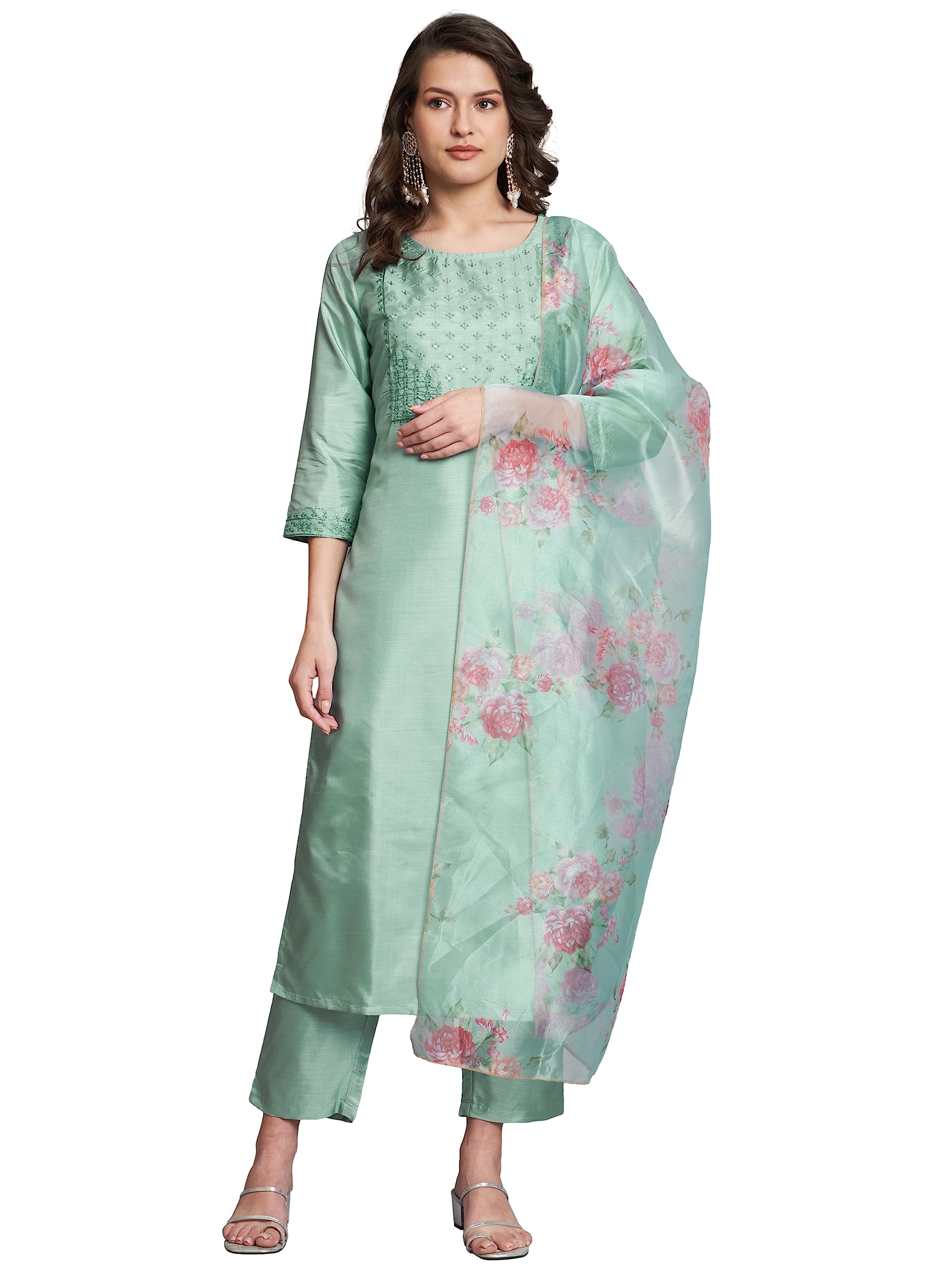 VredeVogel Women's Silk Blend Kurta Pant Set - Sea-Green