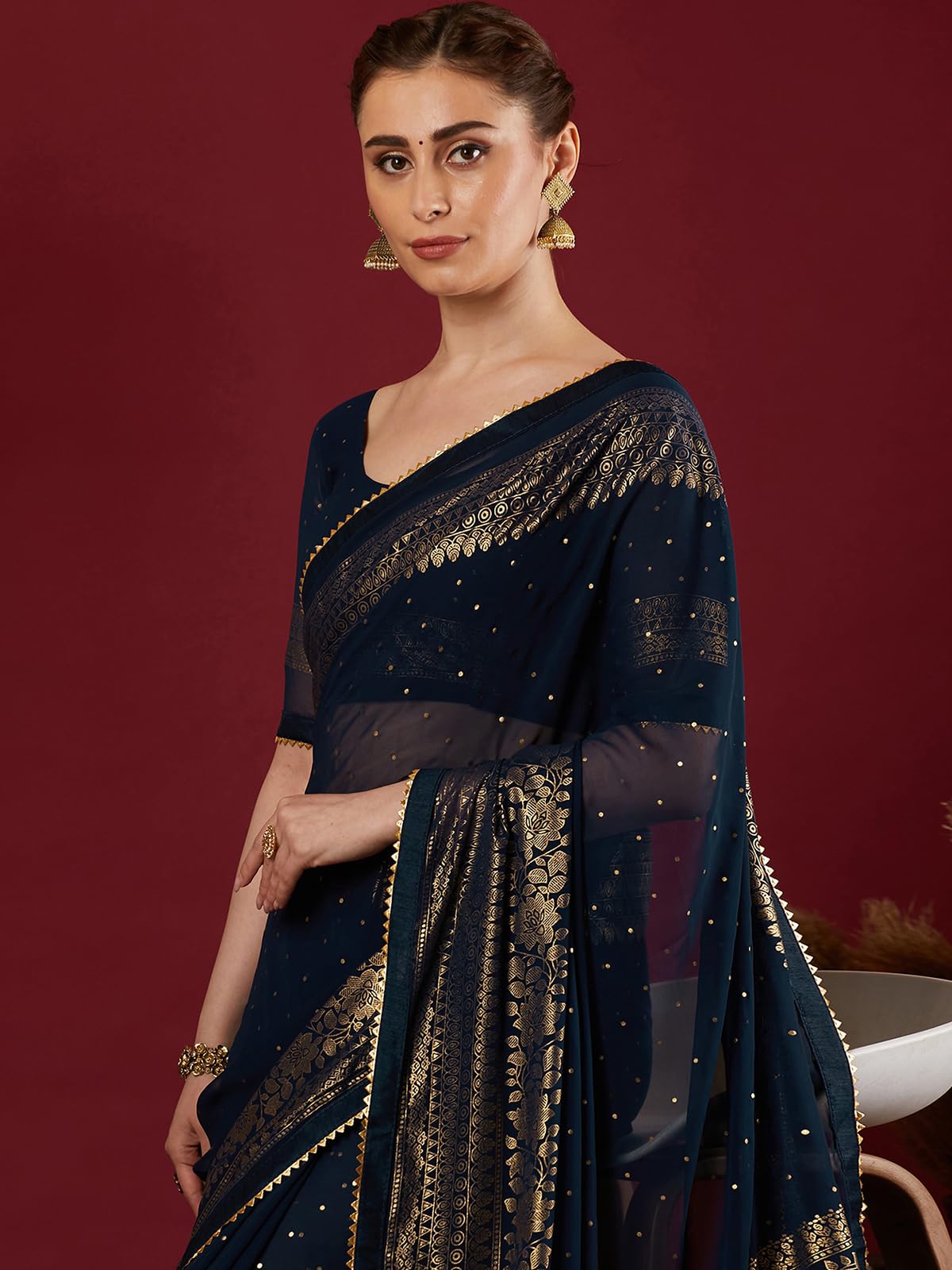 SAMAH Women's Georgette Saree - Navy Blue - Image 4