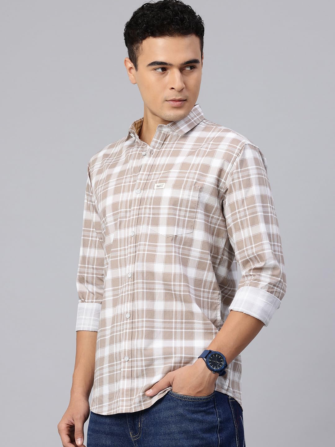 Majestic Man Checked Cotton Shirt - Dusty Brown - Image 3