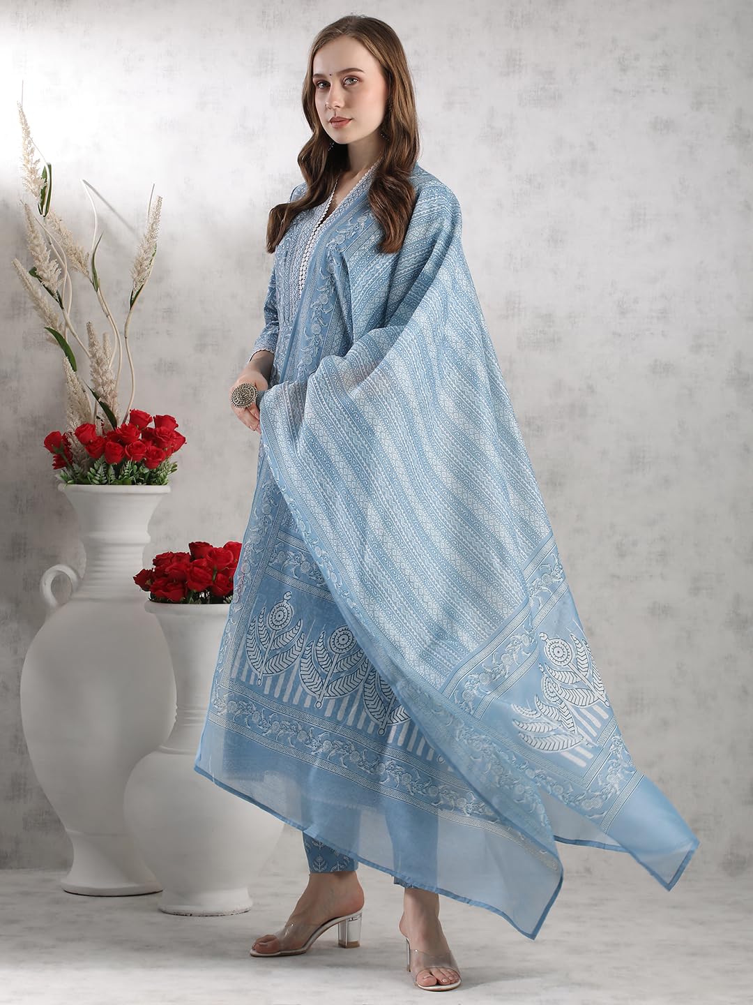 GoSriKi Women's Rayon Blend Kurta with Pant & Dupatta - Blue - Image 3