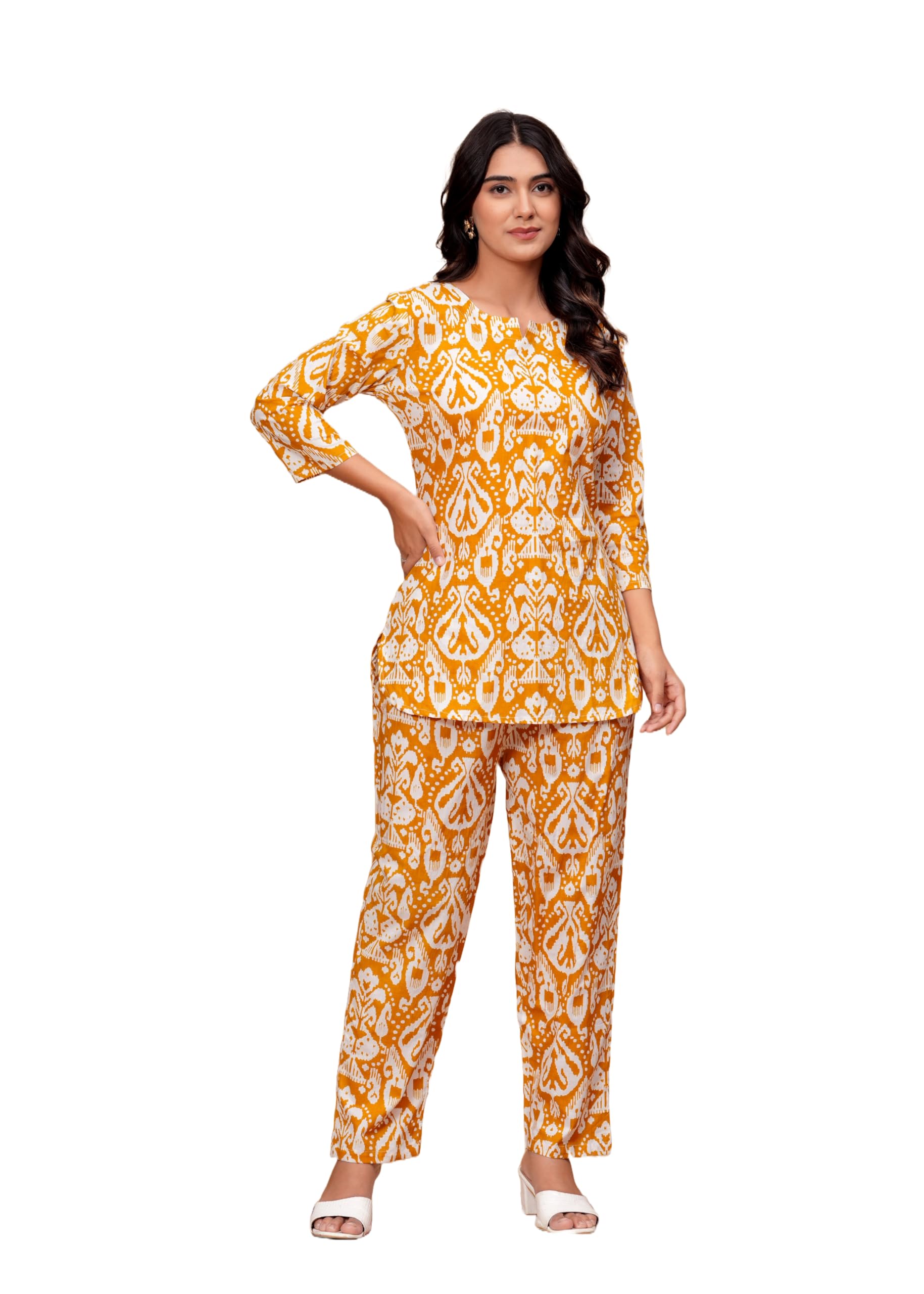 MEERA FAB Yellow Cotton Floral Kurta Palazzo Set for Women