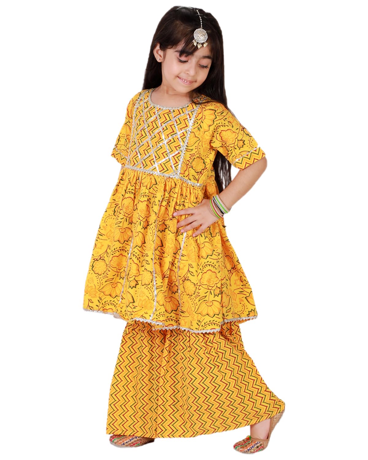 Sanganeri Printed Kurta Sharara Set for Baby Girls - Yellow - Image 4