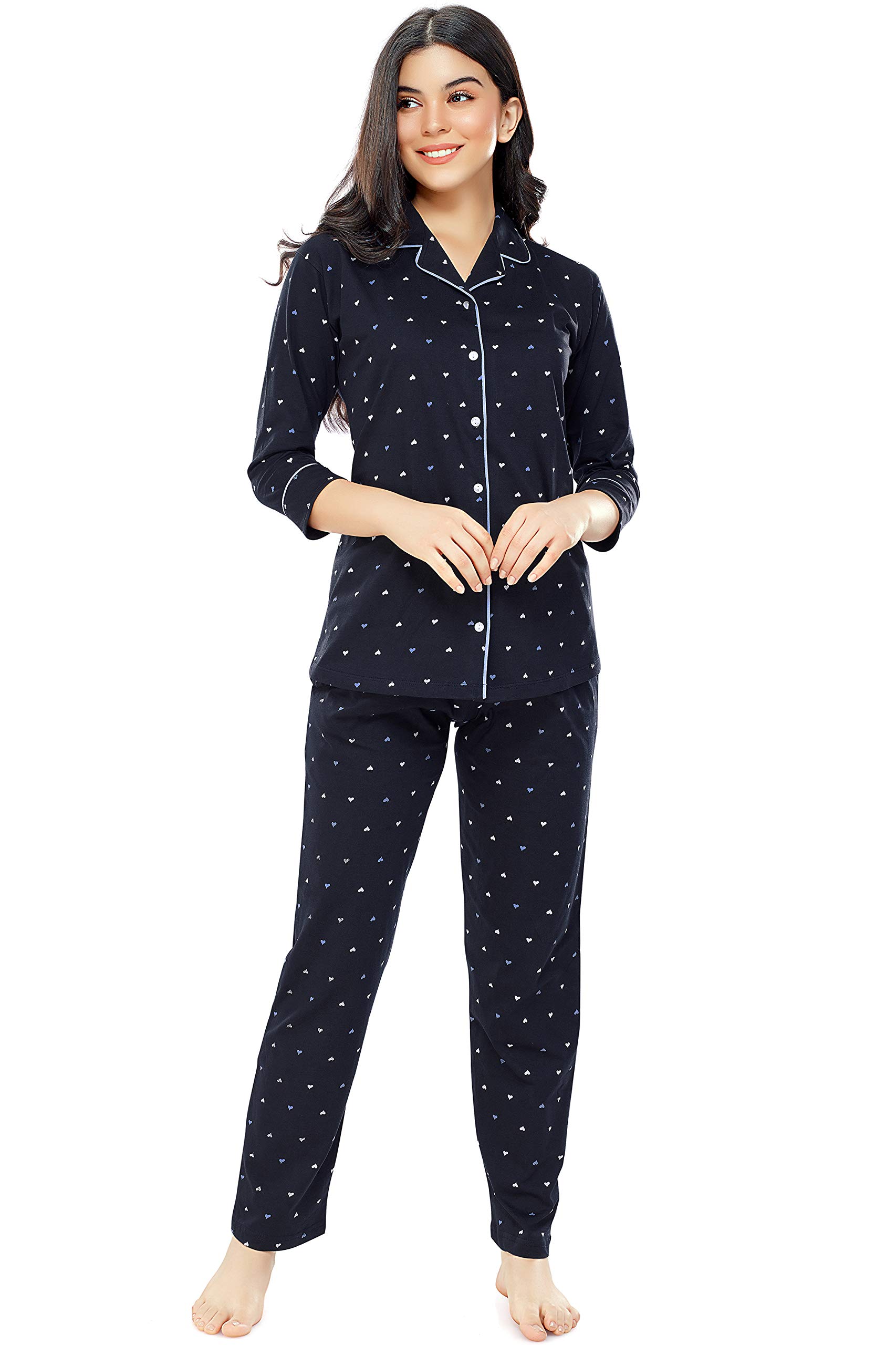 ZEYO Navy Blue Heart Printed Cotton Night Suit for Women