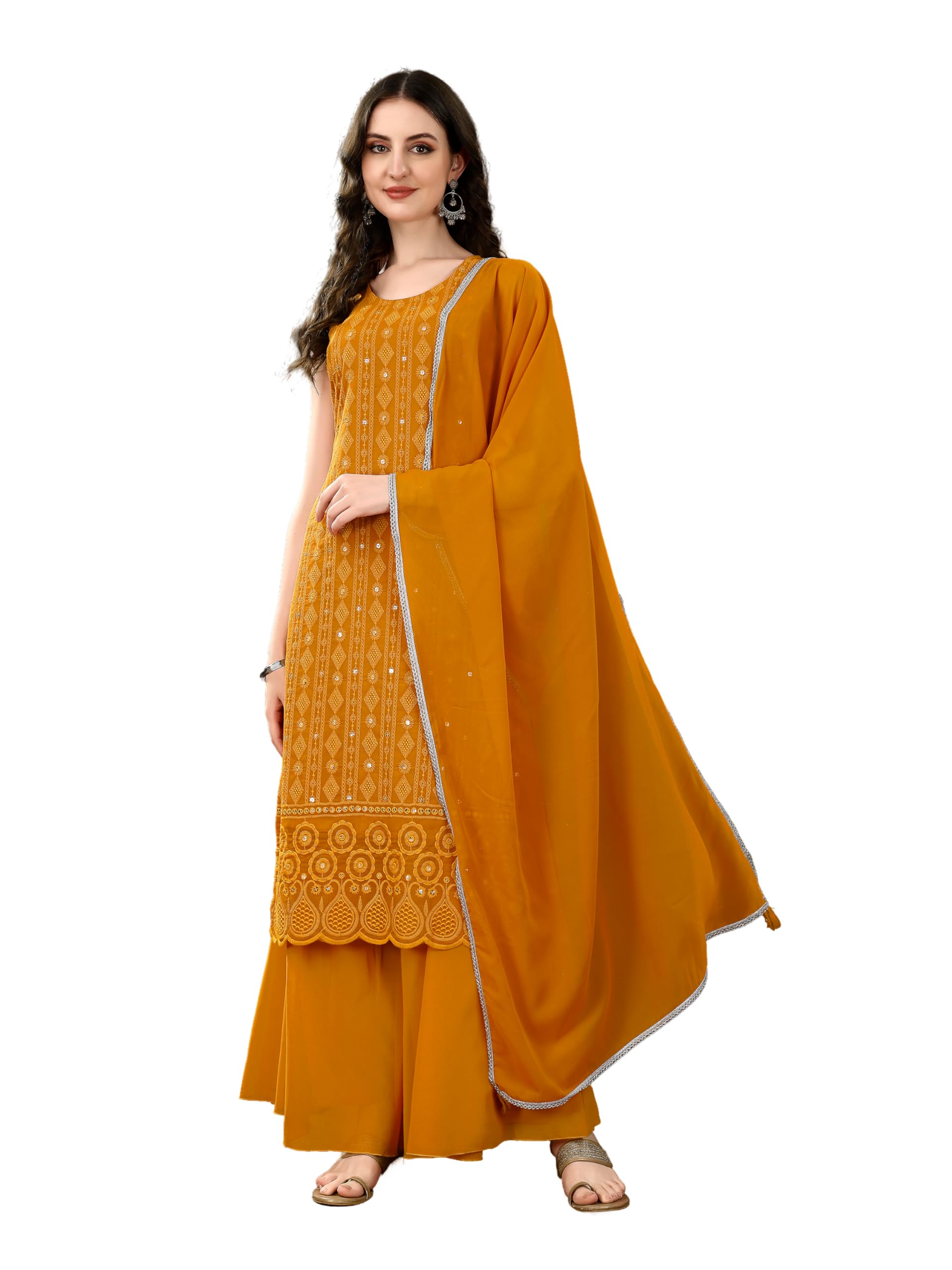 Gold Mustard Georgette Embroidered Kurta for Women