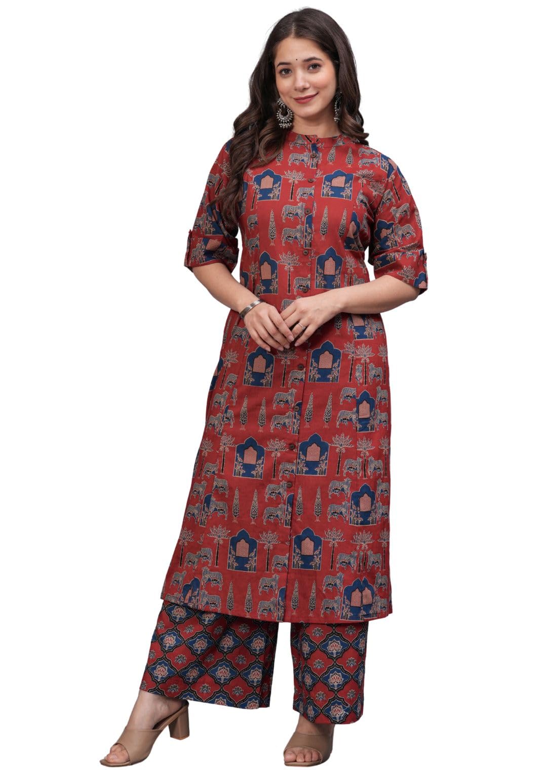 rytras Women's Pure Cotton Printed A-Line Kurta Set - Maroon - Image 3