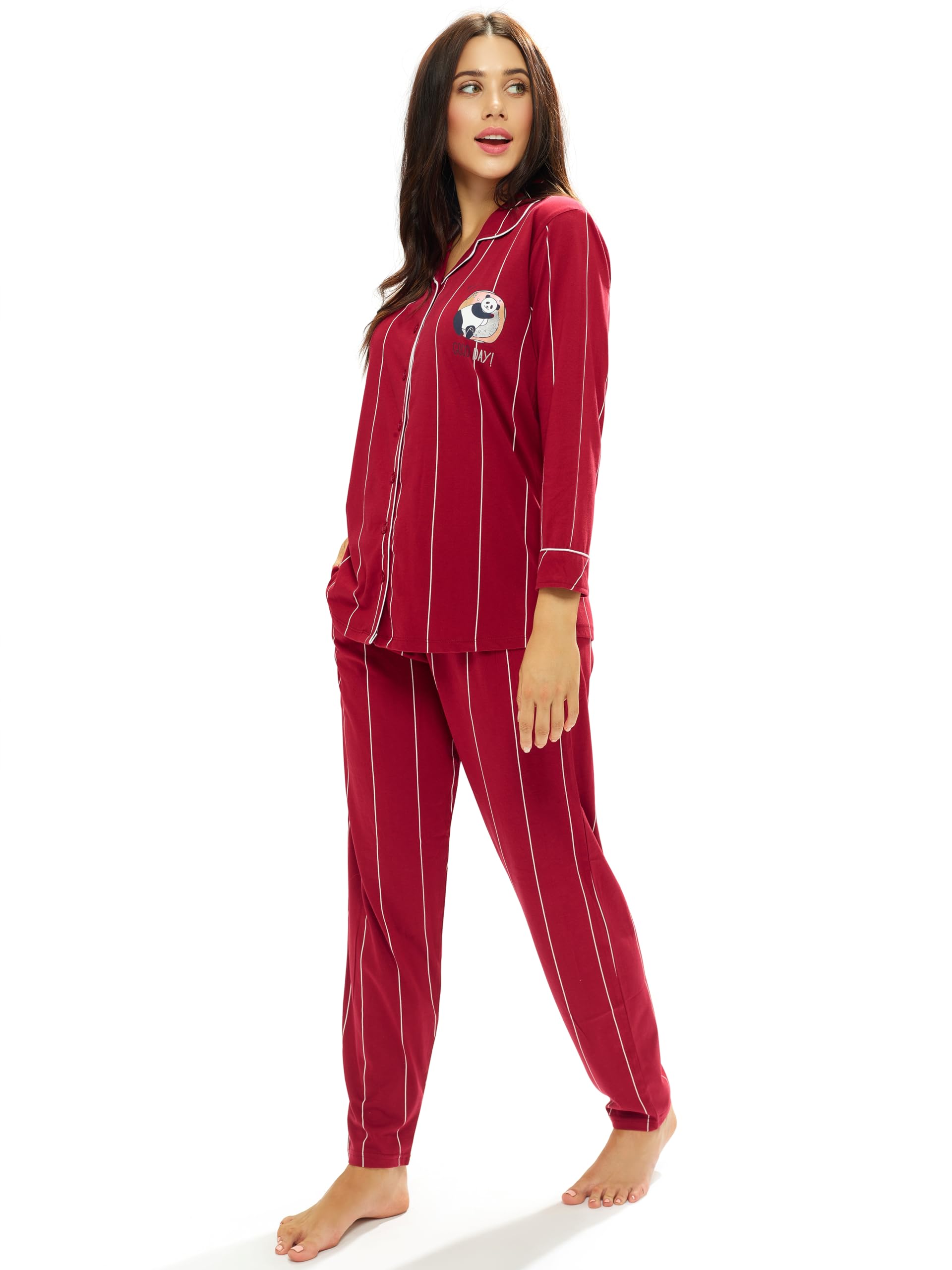LOTIK Women's Maroon Strip Printed Nightsuit - Image 3
